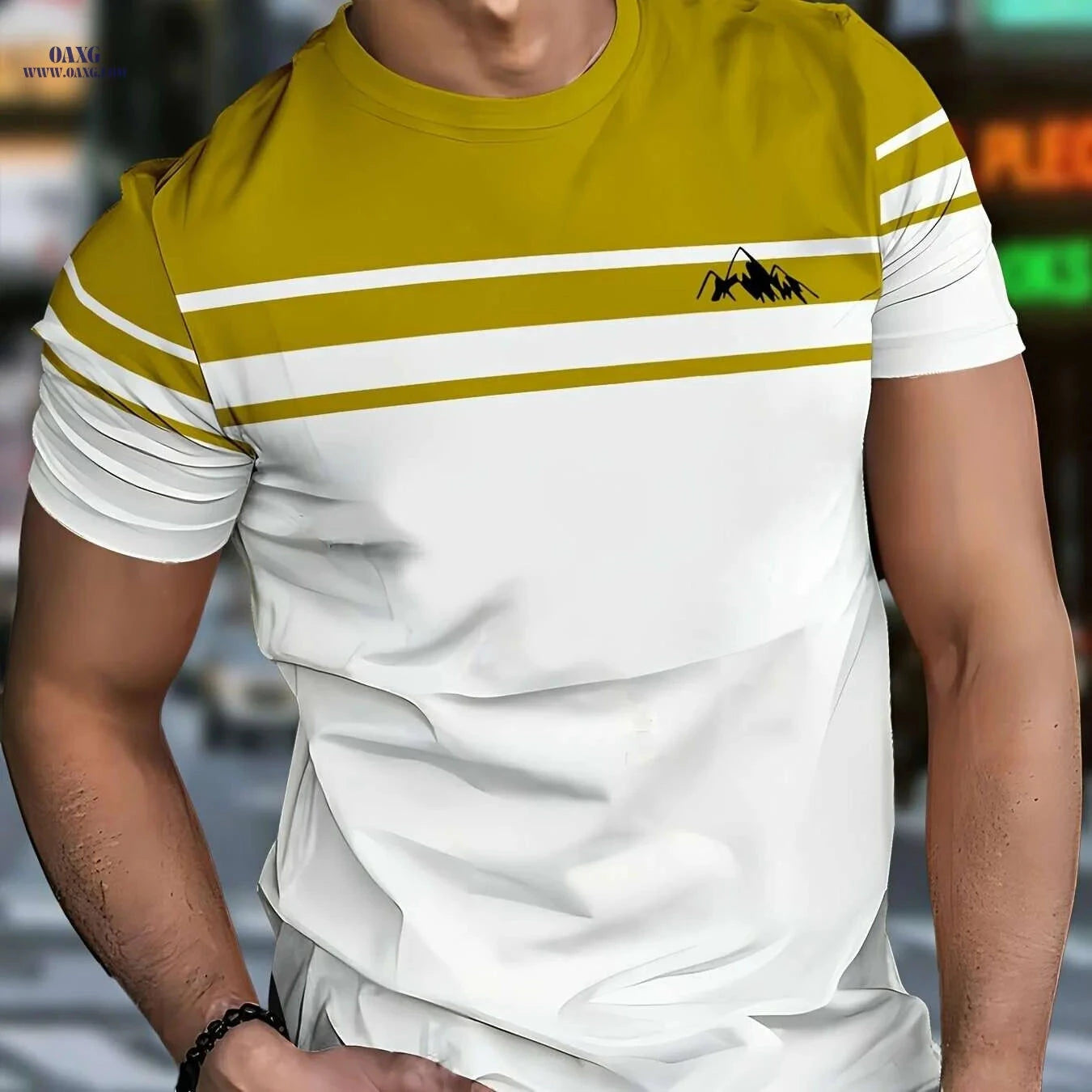 Trendy Men's 3D Digital Print T-Shirt - Beige & Brown Stripes   OAXG 