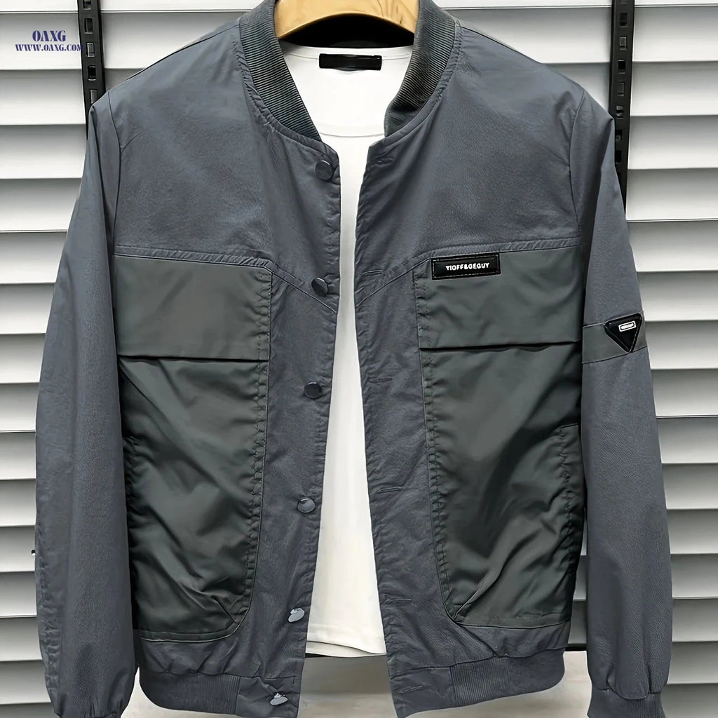 Trendy Men's Baseball Jacket - Casual Solid Color Outerwear   OAXG Grey / FR XS