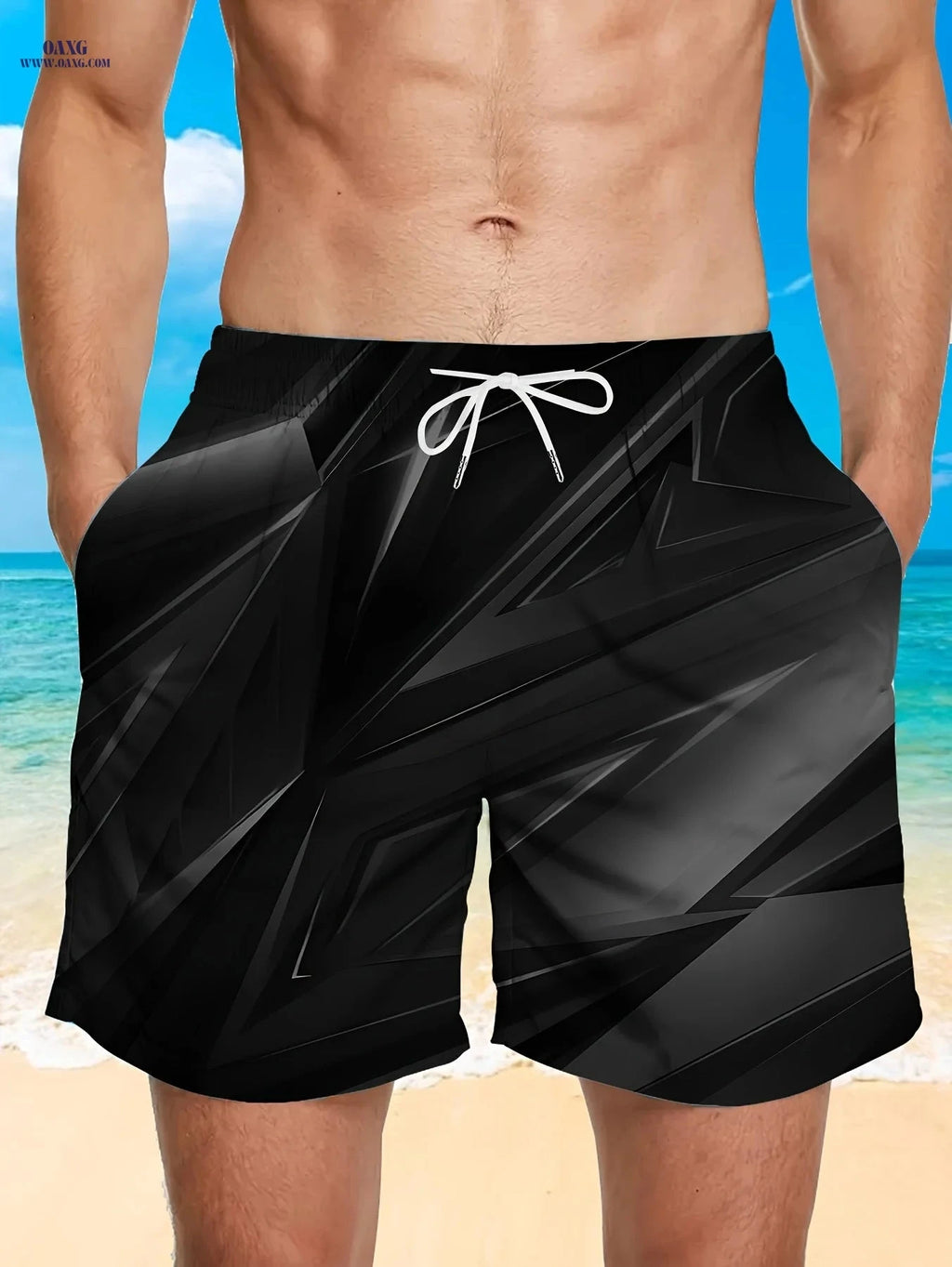 Trendy Men's Beach Shorts - Cool Print, Pockets & Drawstrings   OAXG Light Grey / FR M