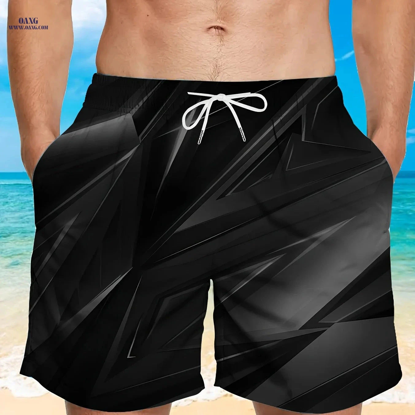 Trendy Men's Beach Shorts - Cool Print, Pockets & Drawstrings   OAXG 