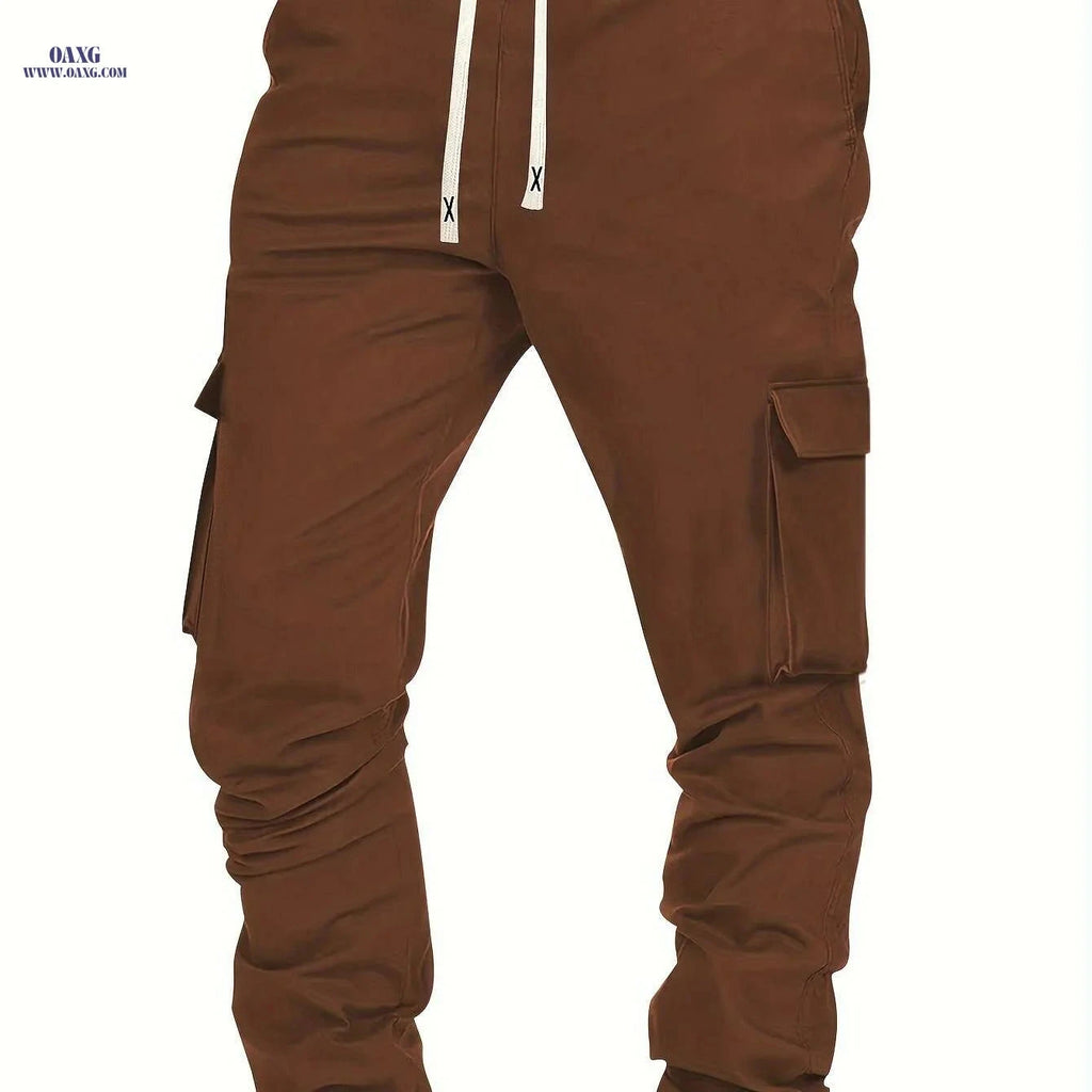 Trendy Men's Cargo Pants - Drawstring, Multi Pocket, Casual Style   OAXG Coffee color / S