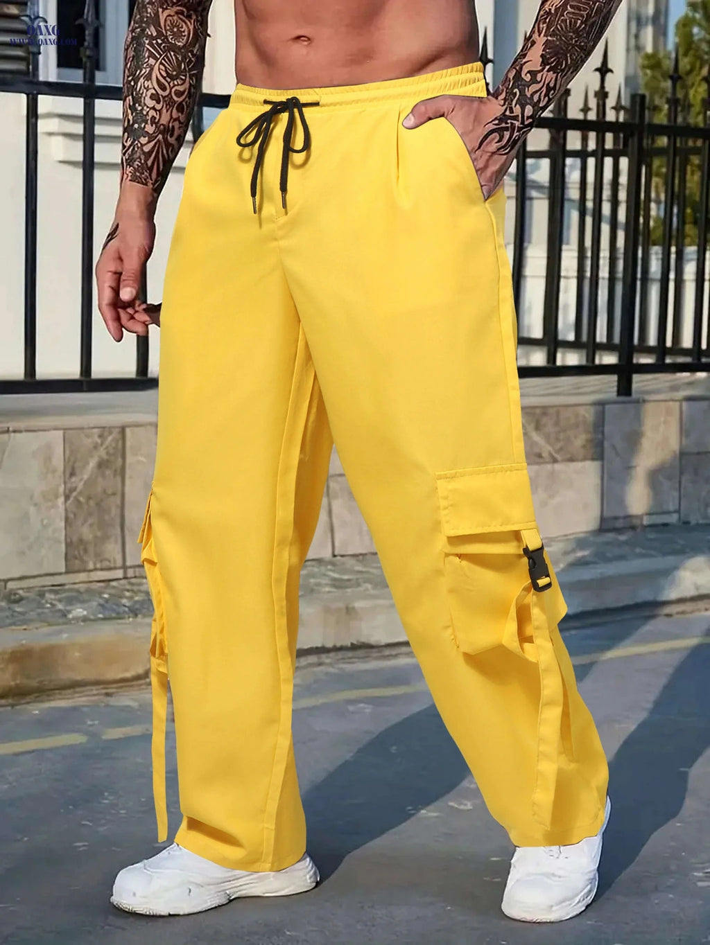 Trendy Men's Cargo Pants - Multi Flap Pockets, Casual Style   OAXG Yellow / FR XS
