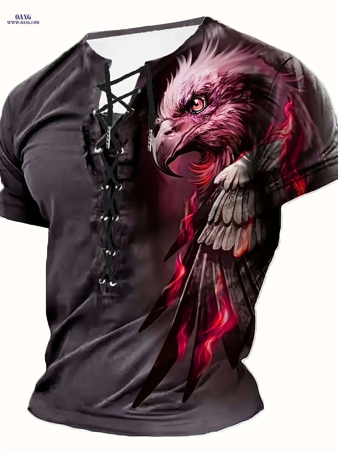 Trendy Men's Casual Henley Shirt - Tie-Back Eagle Print Styles   OAXG 