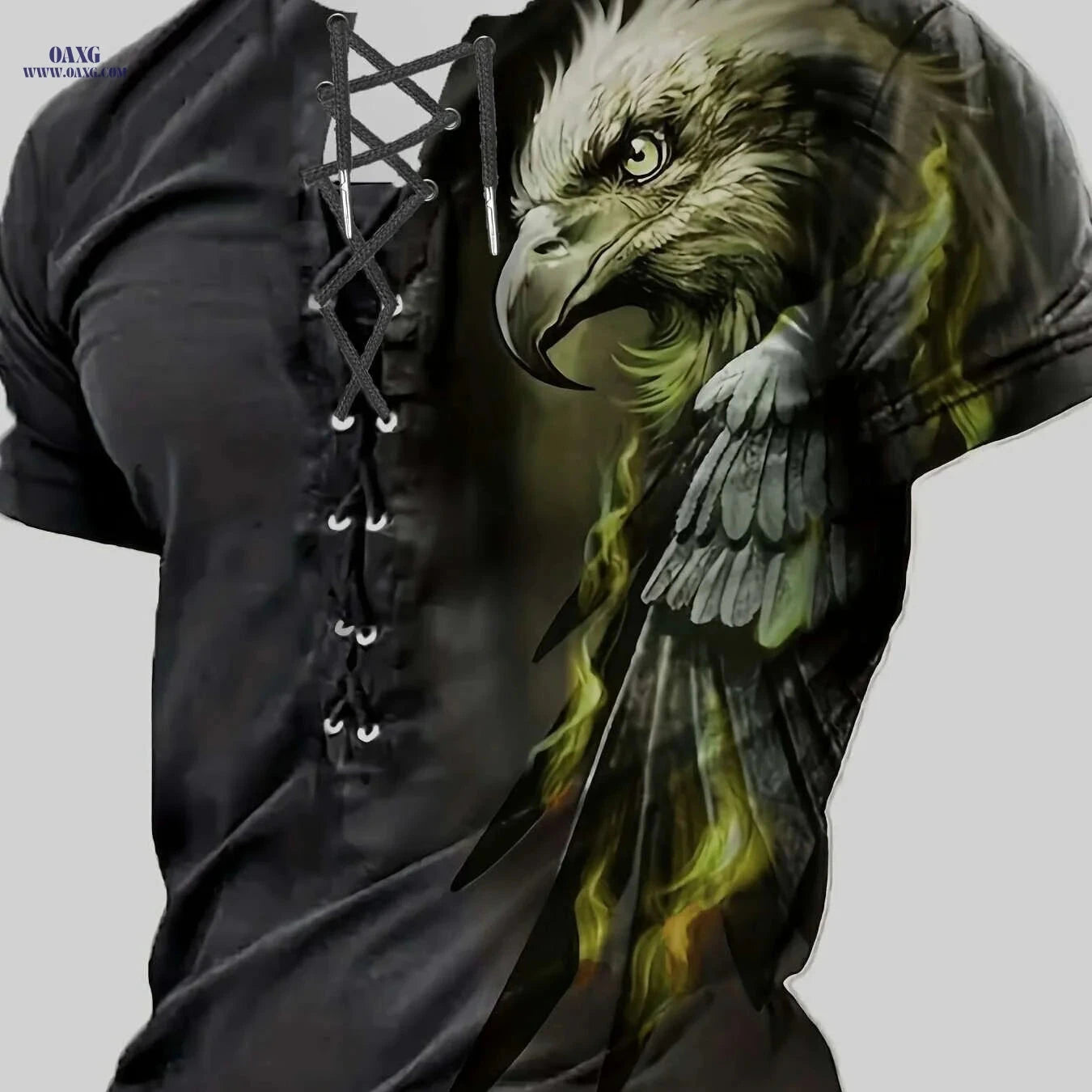 Trendy Men's Casual Henley Shirt - Tie-Back Eagle Print Styles   OAXG 