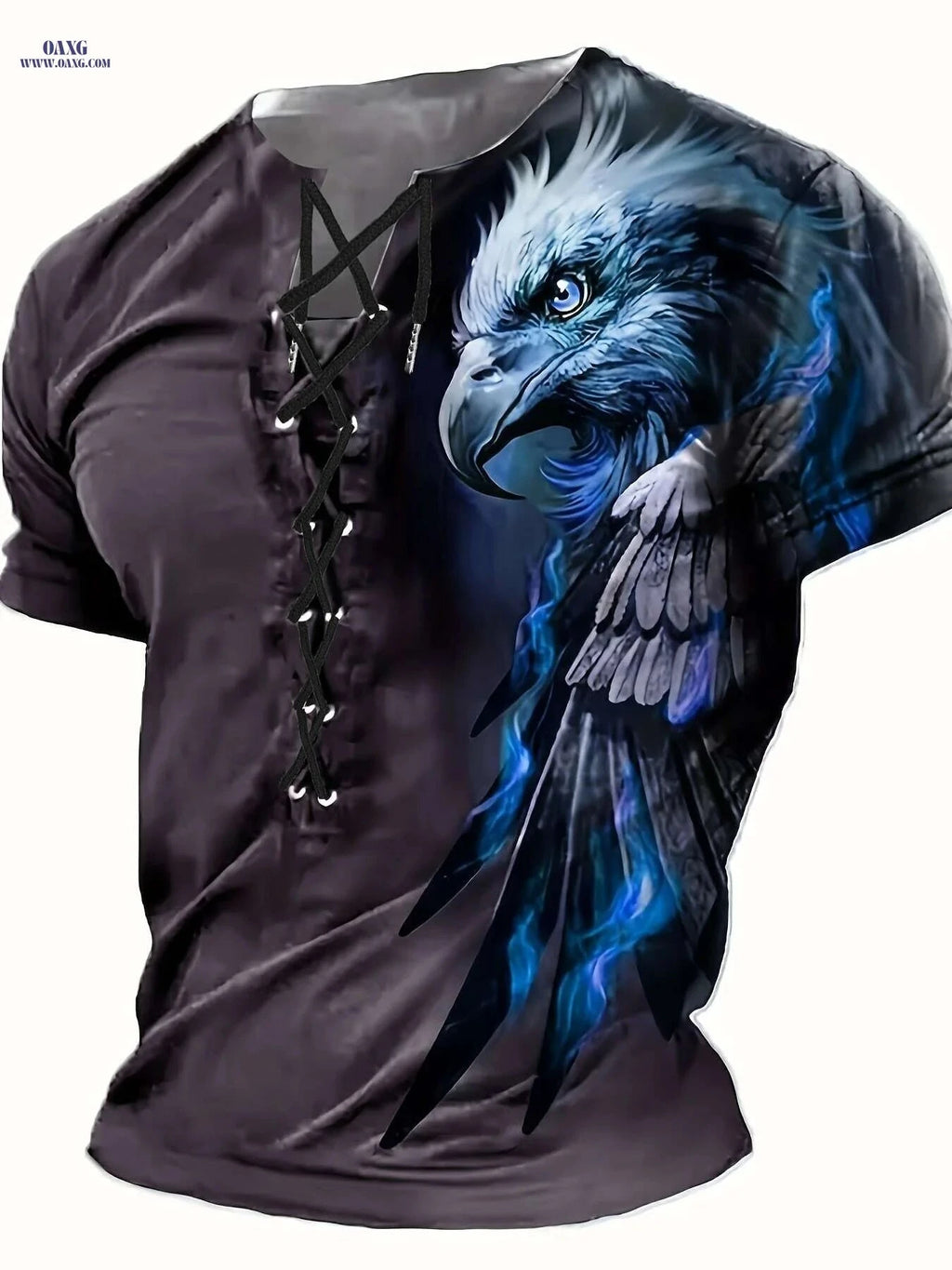 Trendy Men's Casual Henley Shirt - Tie-Back Eagle Print Styles   OAXG 