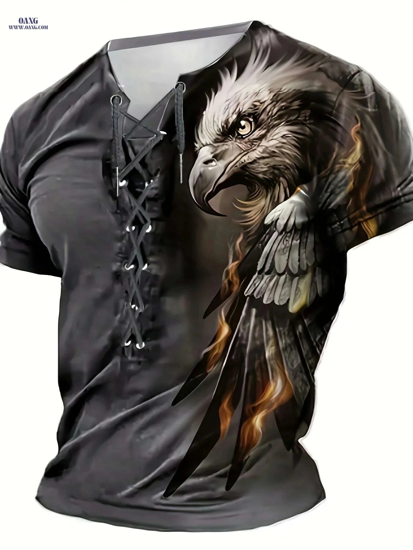 Trendy Men's Casual Henley Shirt - Tie-Back Eagle Print Styles   OAXG Mixed Color / M