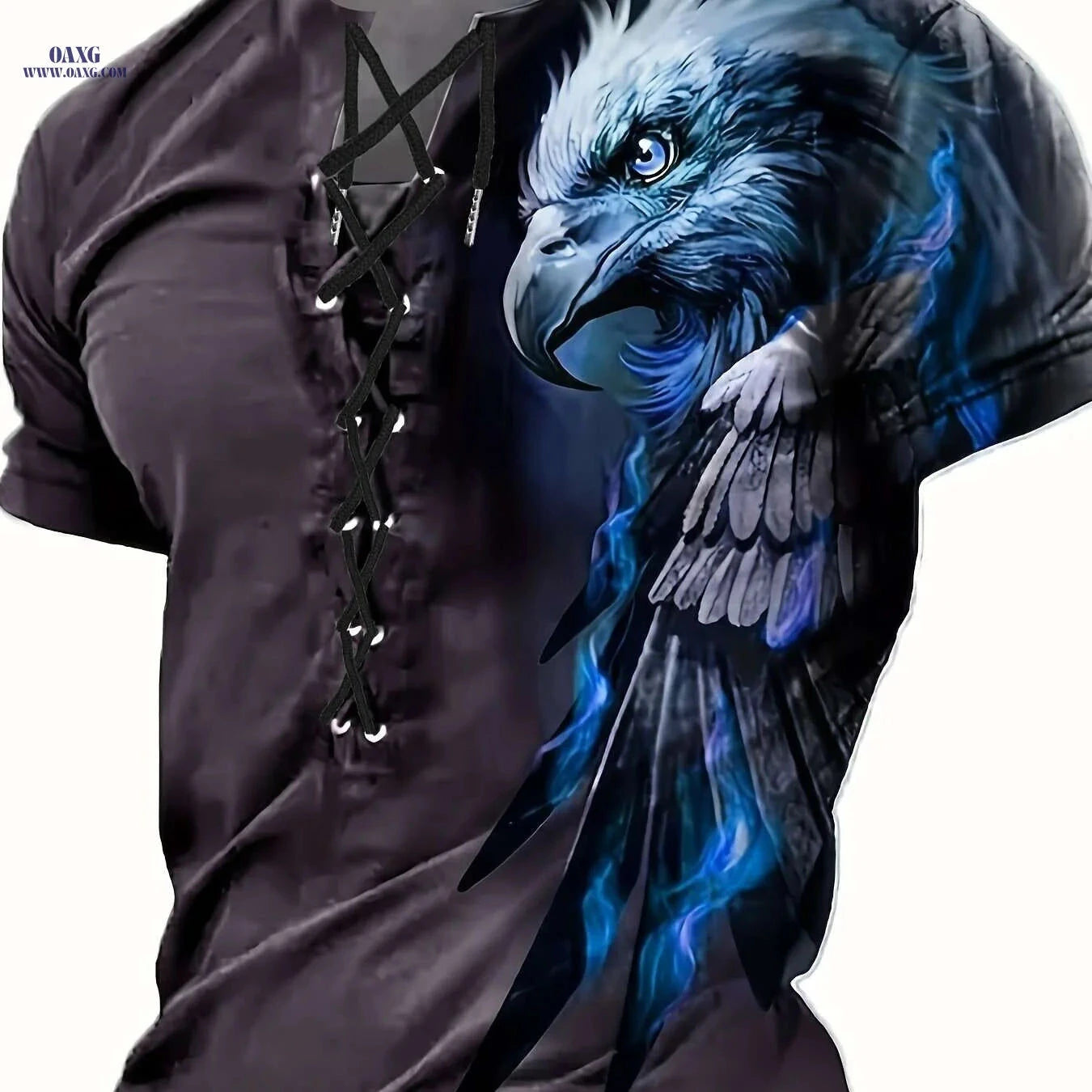 Trendy Men's Casual Henley Shirt - Tie-Back Eagle Print Styles   OAXG Mixed Color / M