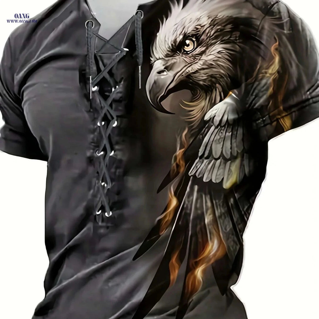 Trendy Men's Casual Henley Shirt - Tie-Back Eagle Print Styles   OAXG Mixed Color / M