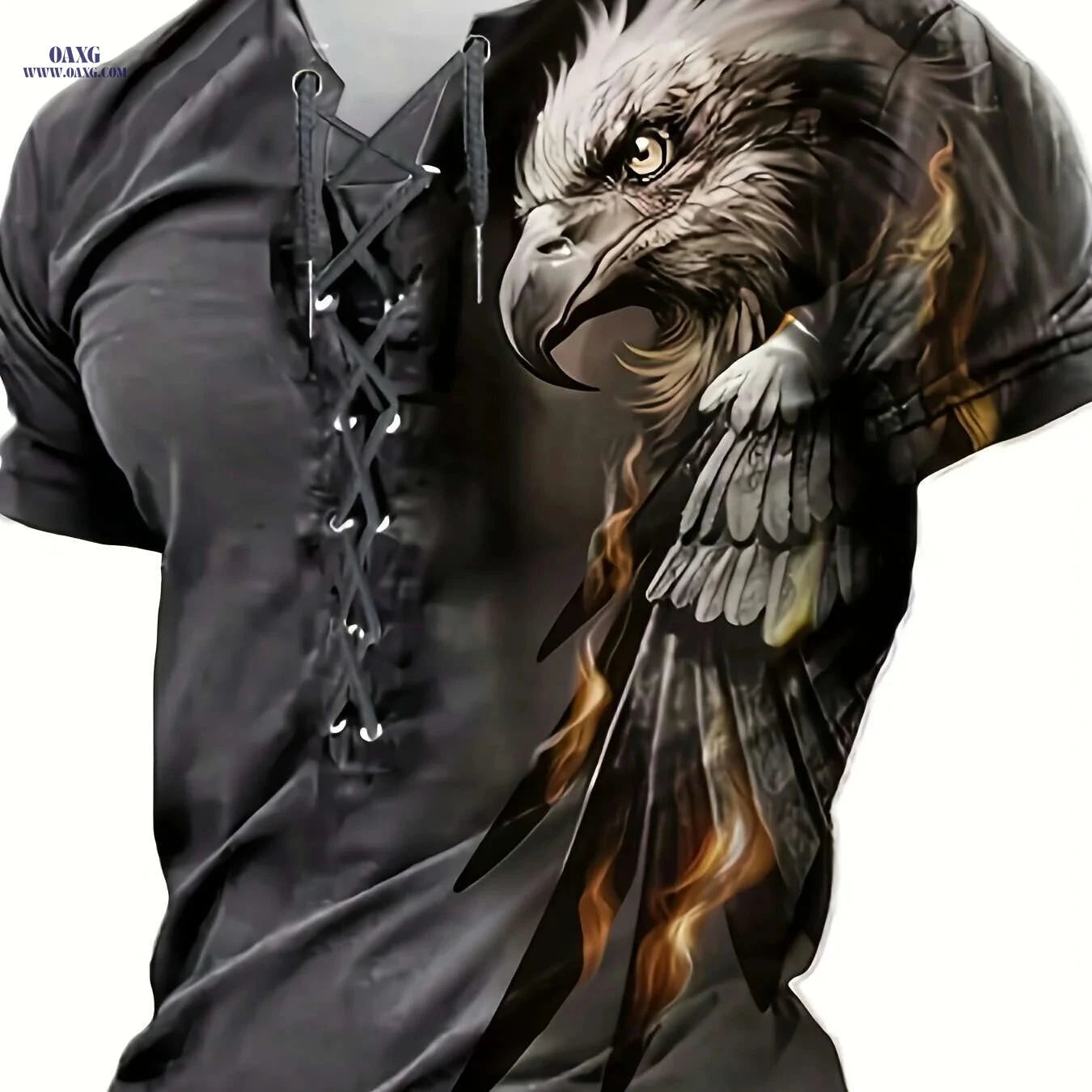 Trendy Men's Casual Henley Shirt - Tie-Back Eagle Print Styles   OAXG Mixed Color / M