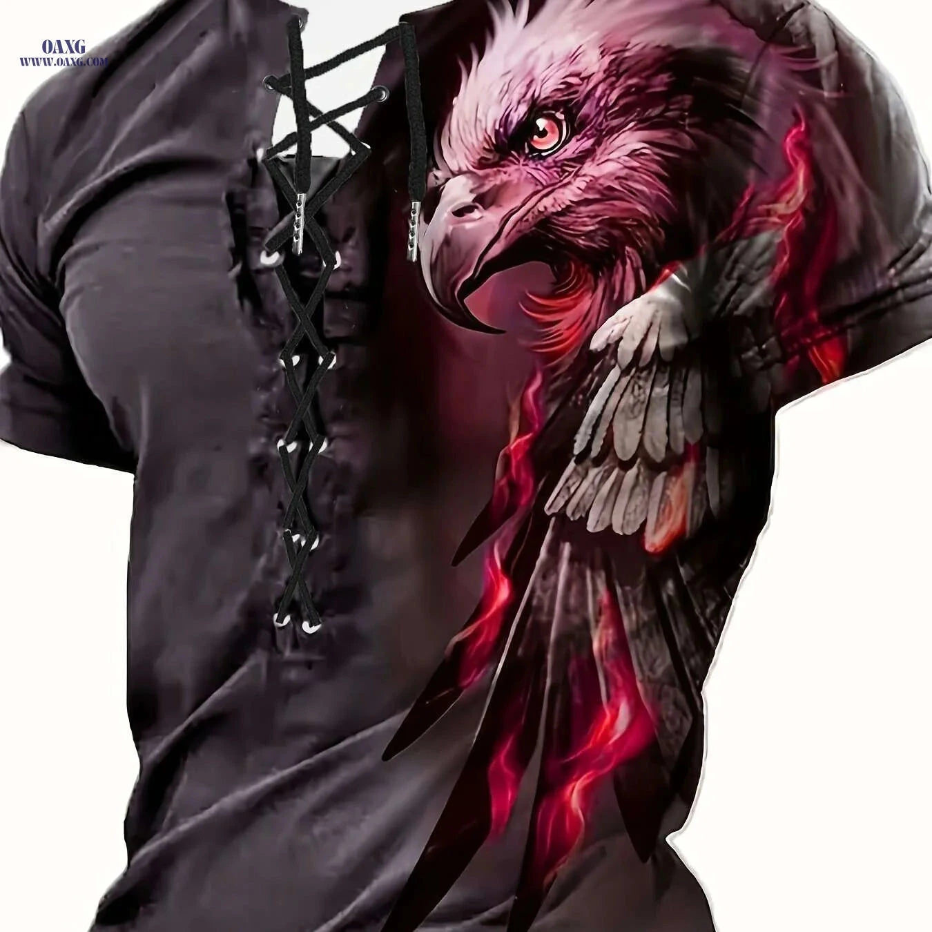 Trendy Men's Casual Henley Shirt - Tie-Back Eagle Print Styles   OAXG 