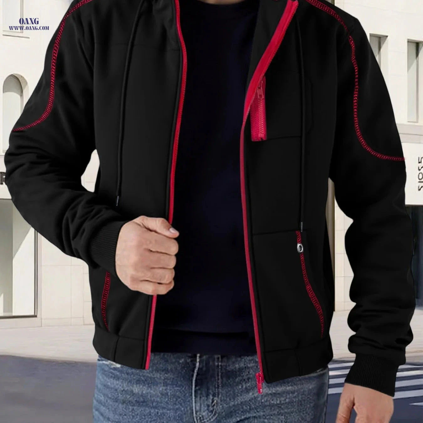 Trendy Men's Contrast Jacket - Casual Hooded Fleece Lined Style   OAXG 