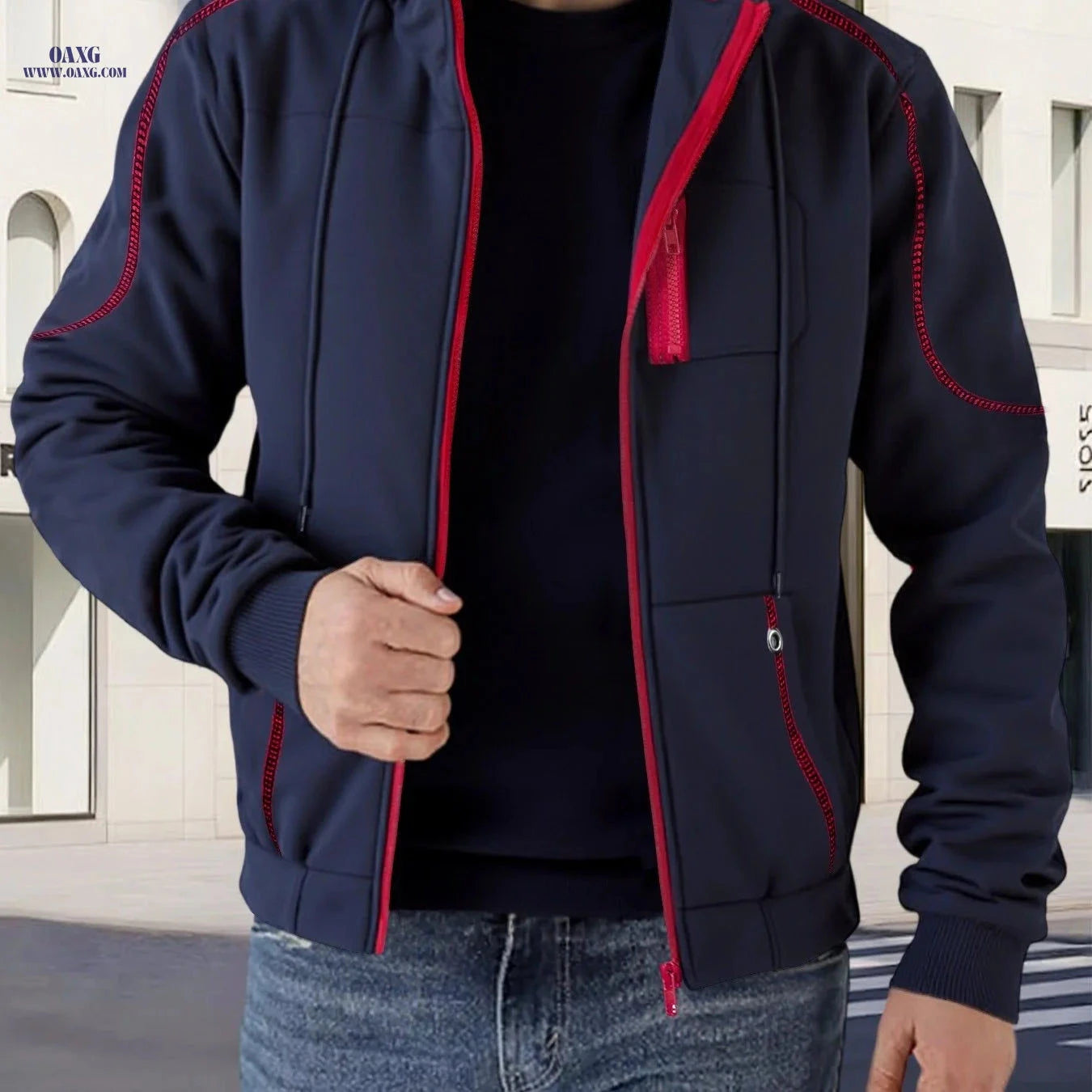 Trendy Men's Contrast Jacket - Casual Hooded Fleece Lined Style   OAXG 
