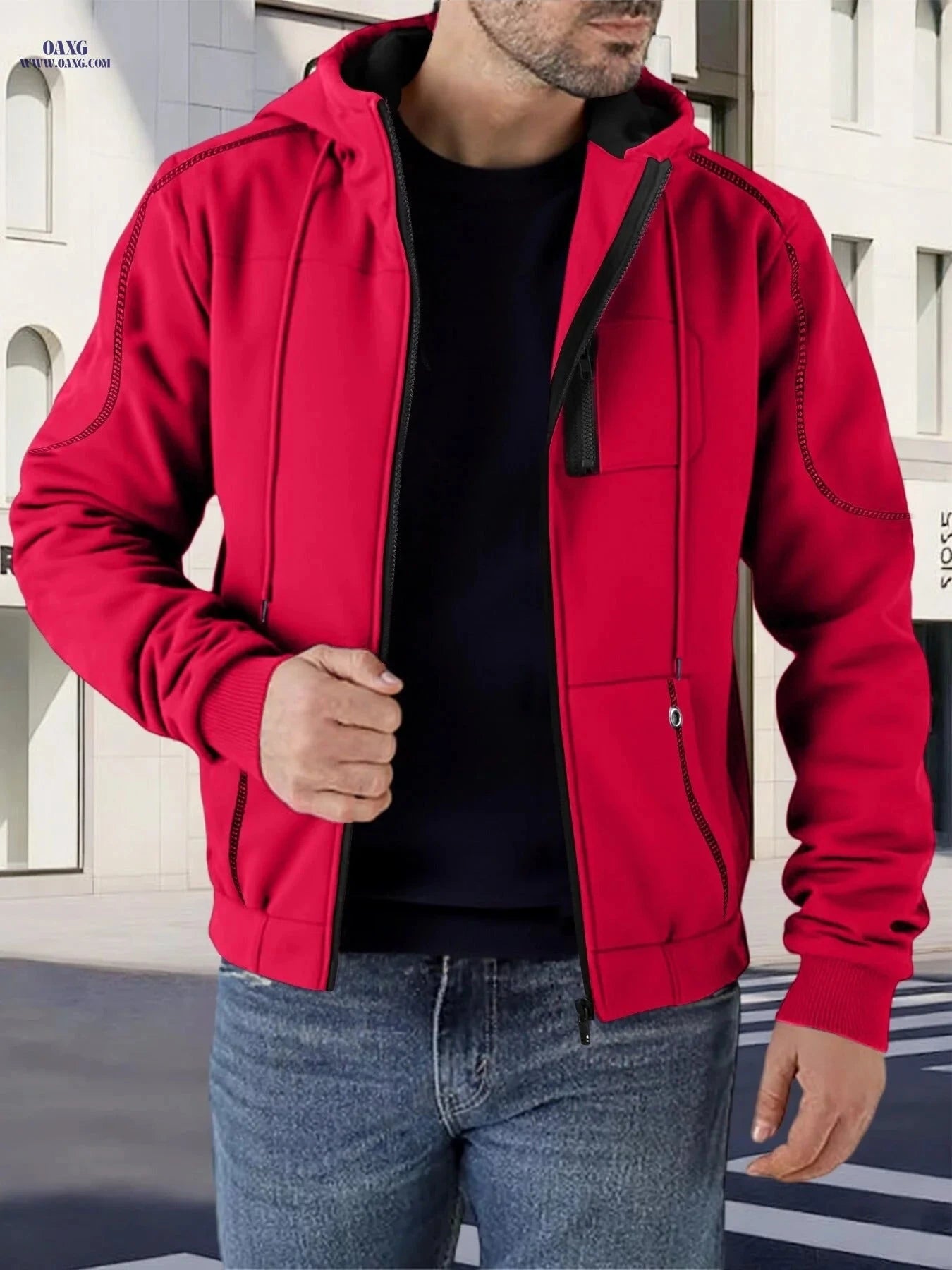 Trendy Men's Contrast Jacket - Casual Hooded Fleece Lined Style   OAXG 