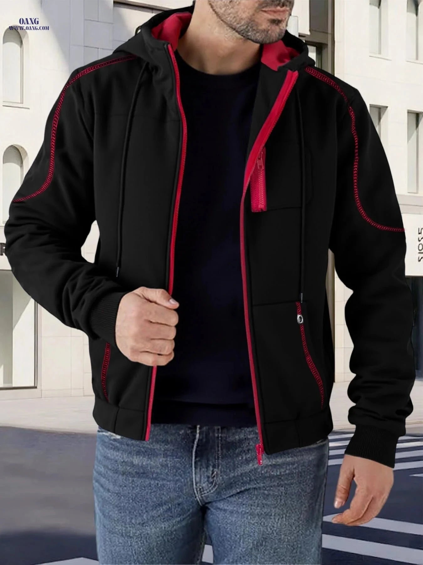 Trendy Men's Contrast Jacket - Casual Hooded Fleece Lined Style   OAXG Black / FR S