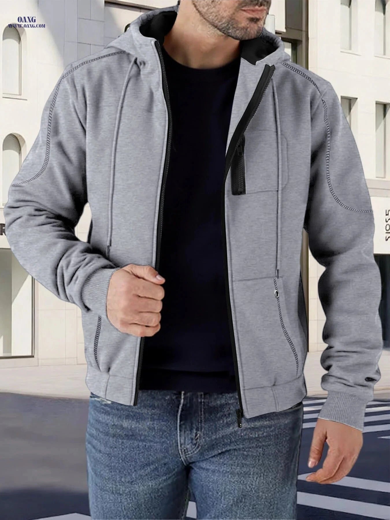 Trendy Men's Contrast Jacket - Casual Hooded Fleece Lined Style   OAXG 