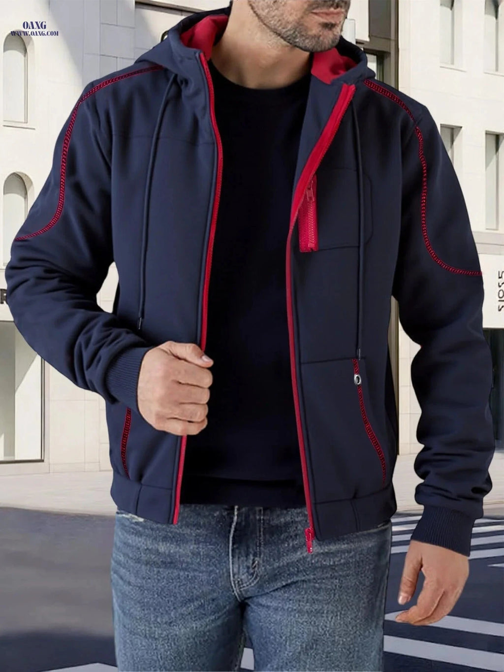 Trendy Men's Contrast Jacket - Casual Hooded Fleece Lined Style   OAXG 