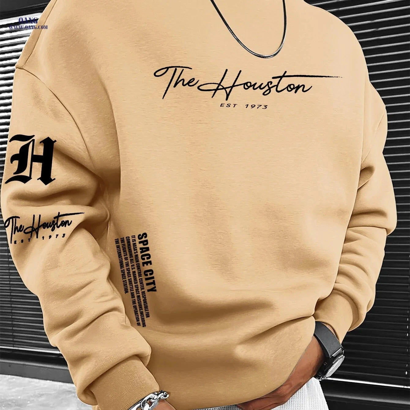 Trendy Men's Crewneck Sweatshirt - Houston "SPACE CITY" Logo Print   OAXG 