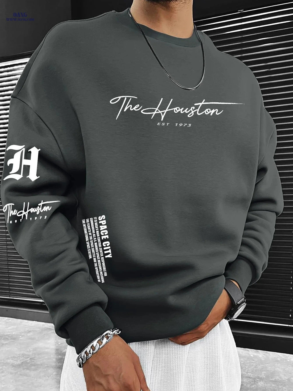 Trendy Men's Crewneck Sweatshirt - Houston "SPACE CITY" Logo Print   OAXG 