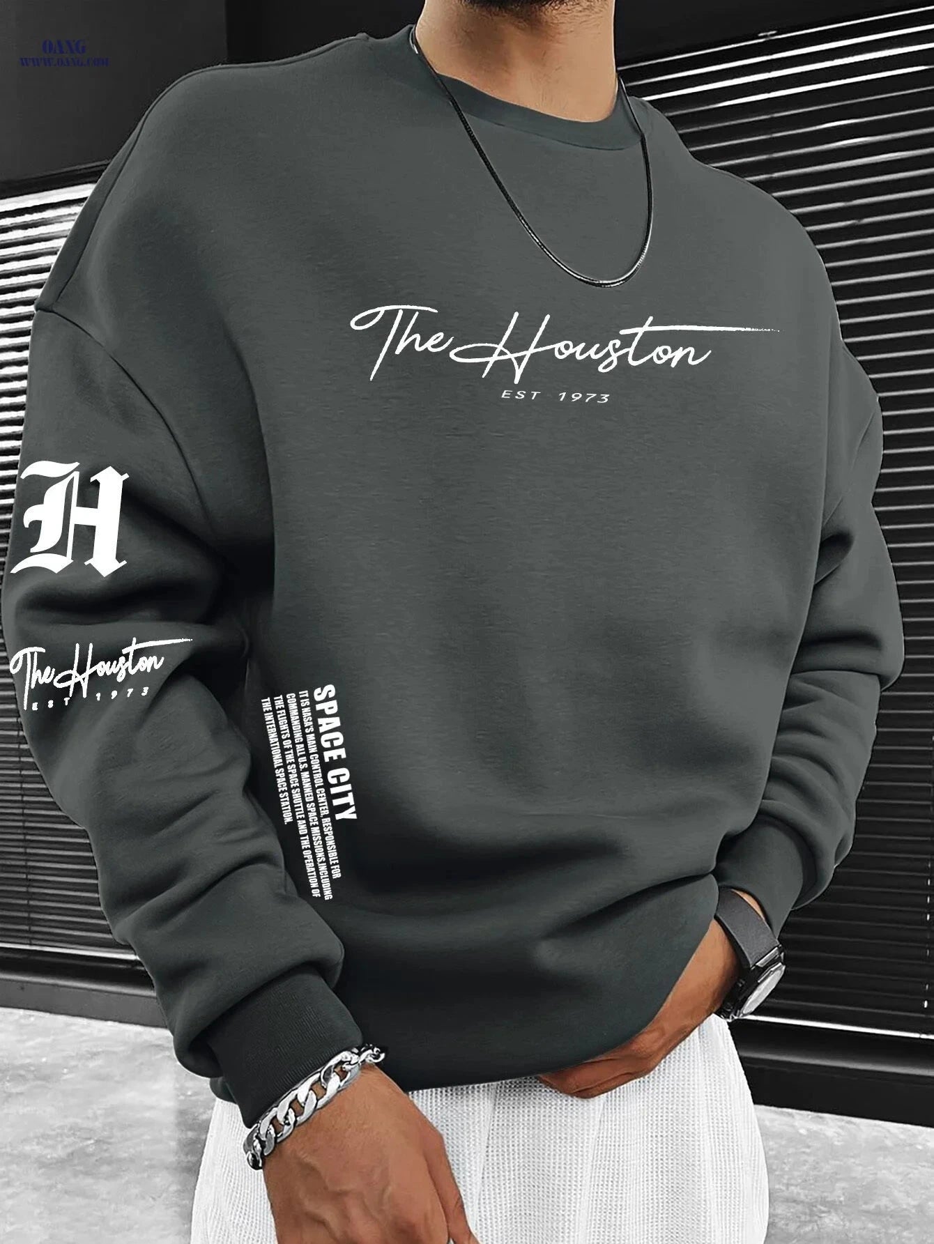 Trendy Men's Crewneck Sweatshirt - Houston "SPACE CITY" Logo Print   OAXG 