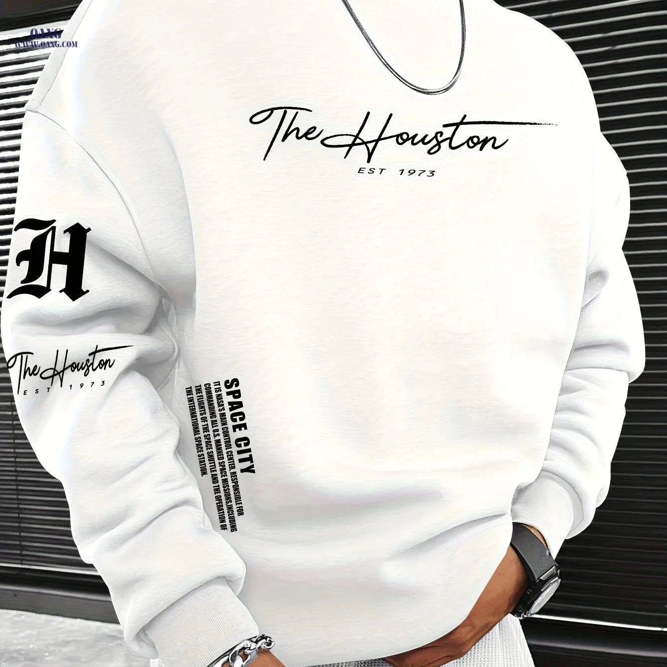 Trendy Men's Crewneck Sweatshirt - Houston "SPACE CITY" Logo Print   OAXG 