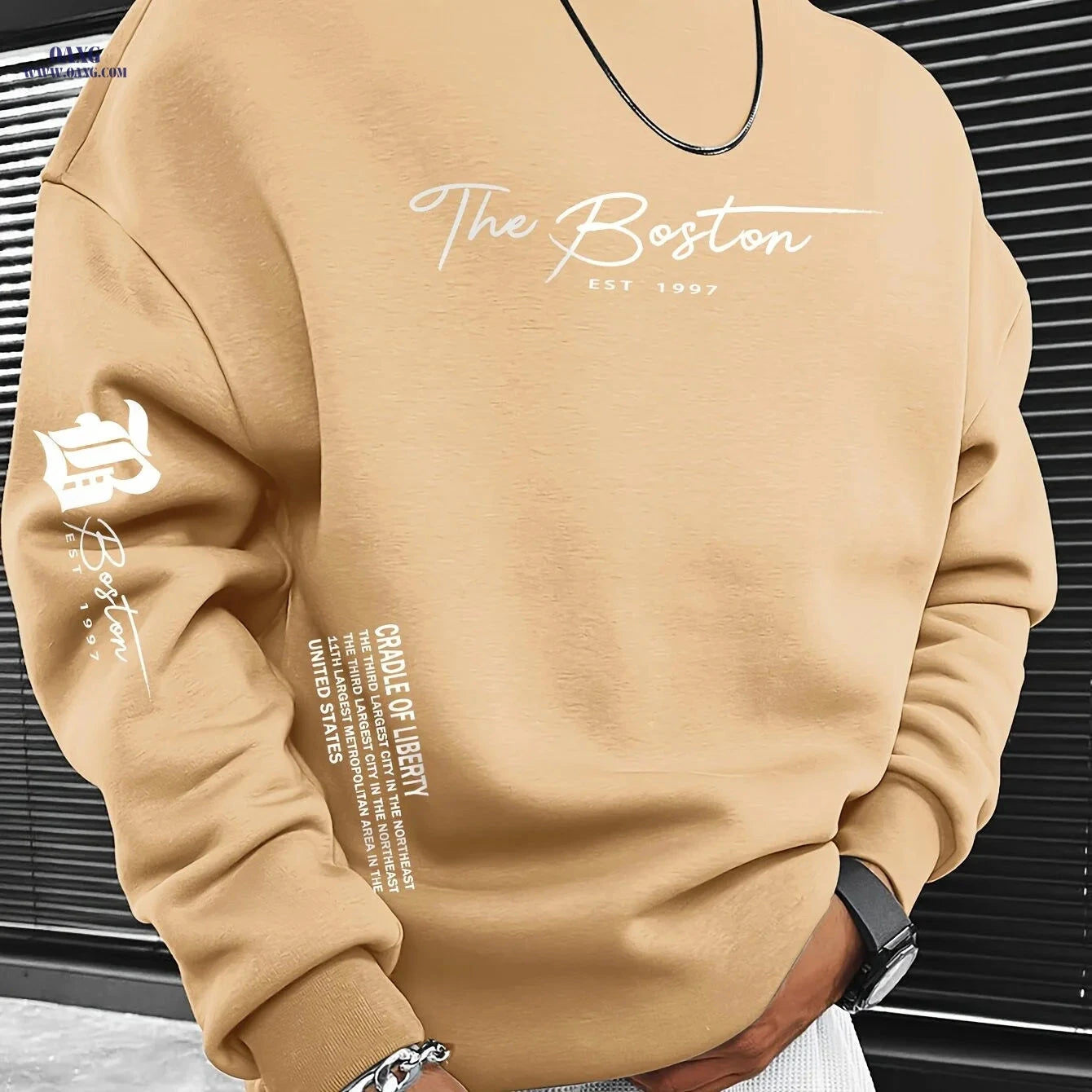 Trendy Men's Crewneck Sweatshirt - Houston "SPACE CITY" Logo Print   OAXG Apricot / FR S