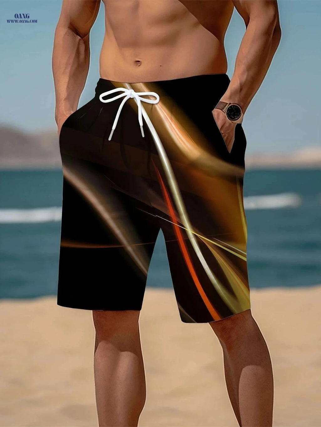 Trendy Men's Geometric Print Active Shorts - Drawstring Beach Style   OAXG Green / S