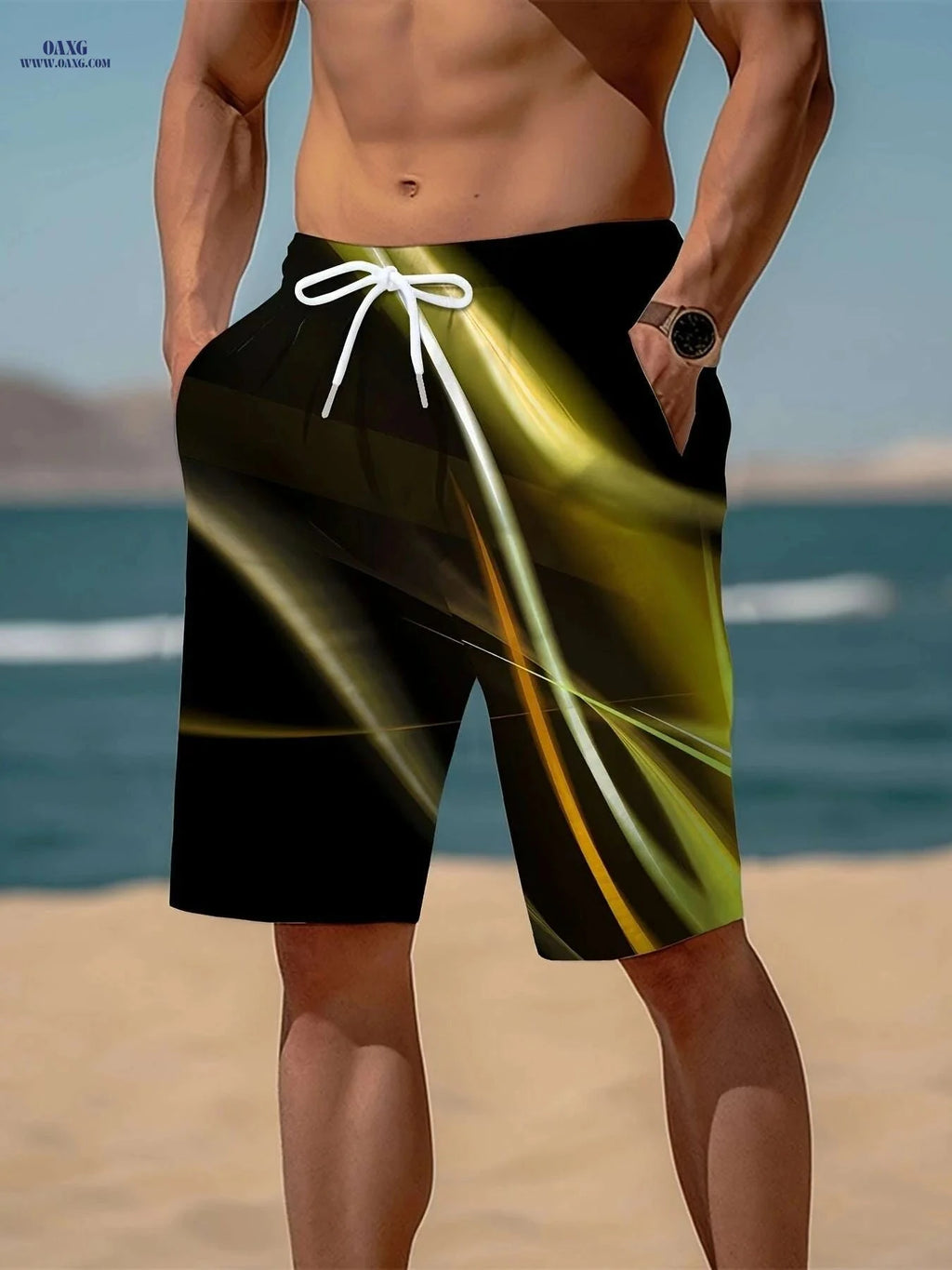 Trendy Men's Geometric Print Active Shorts - Drawstring Beach Style   OAXG Green / S