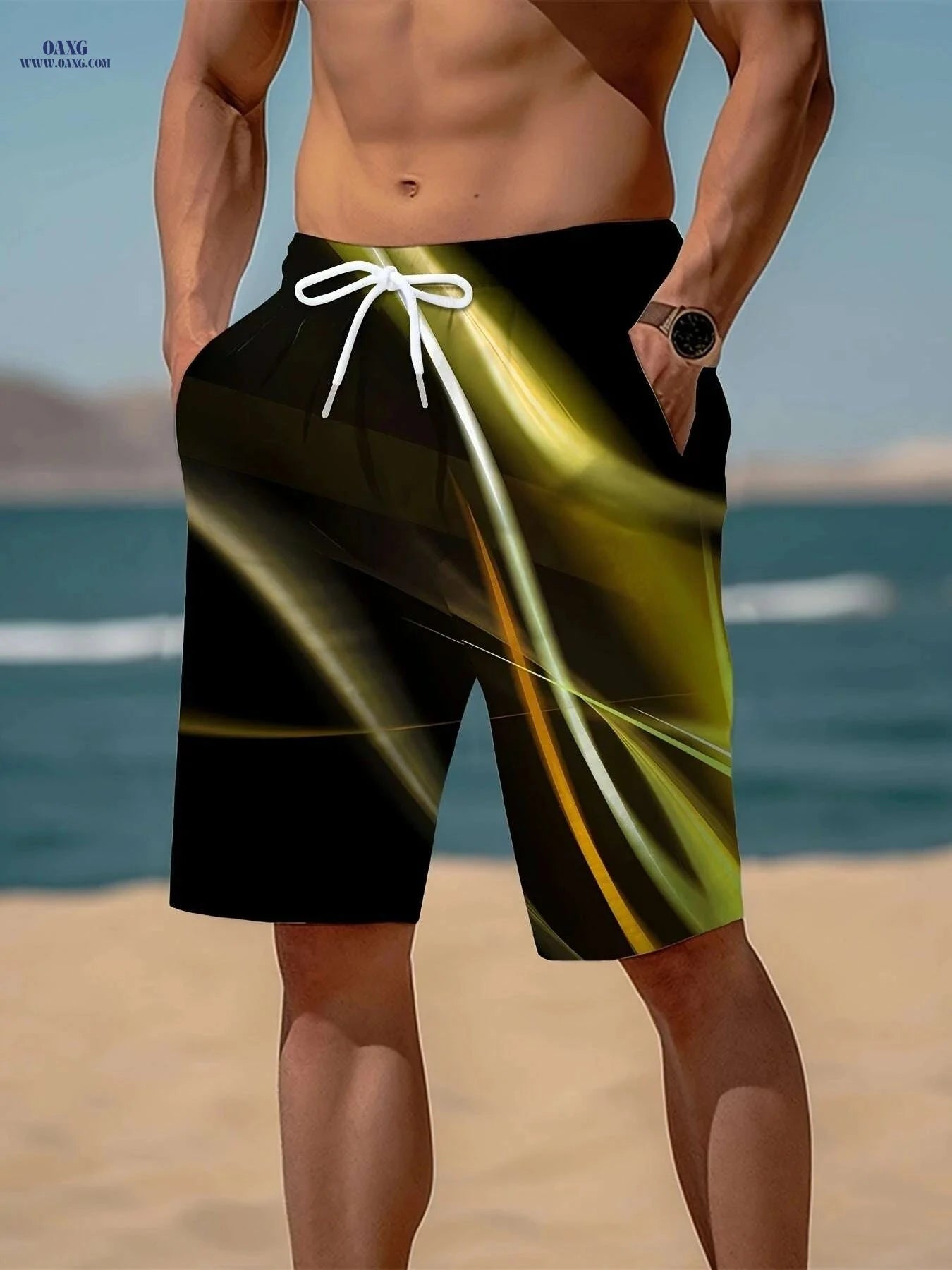 Trendy Men's Geometric Print Active Shorts - Drawstring Beach Style   OAXG Green / S