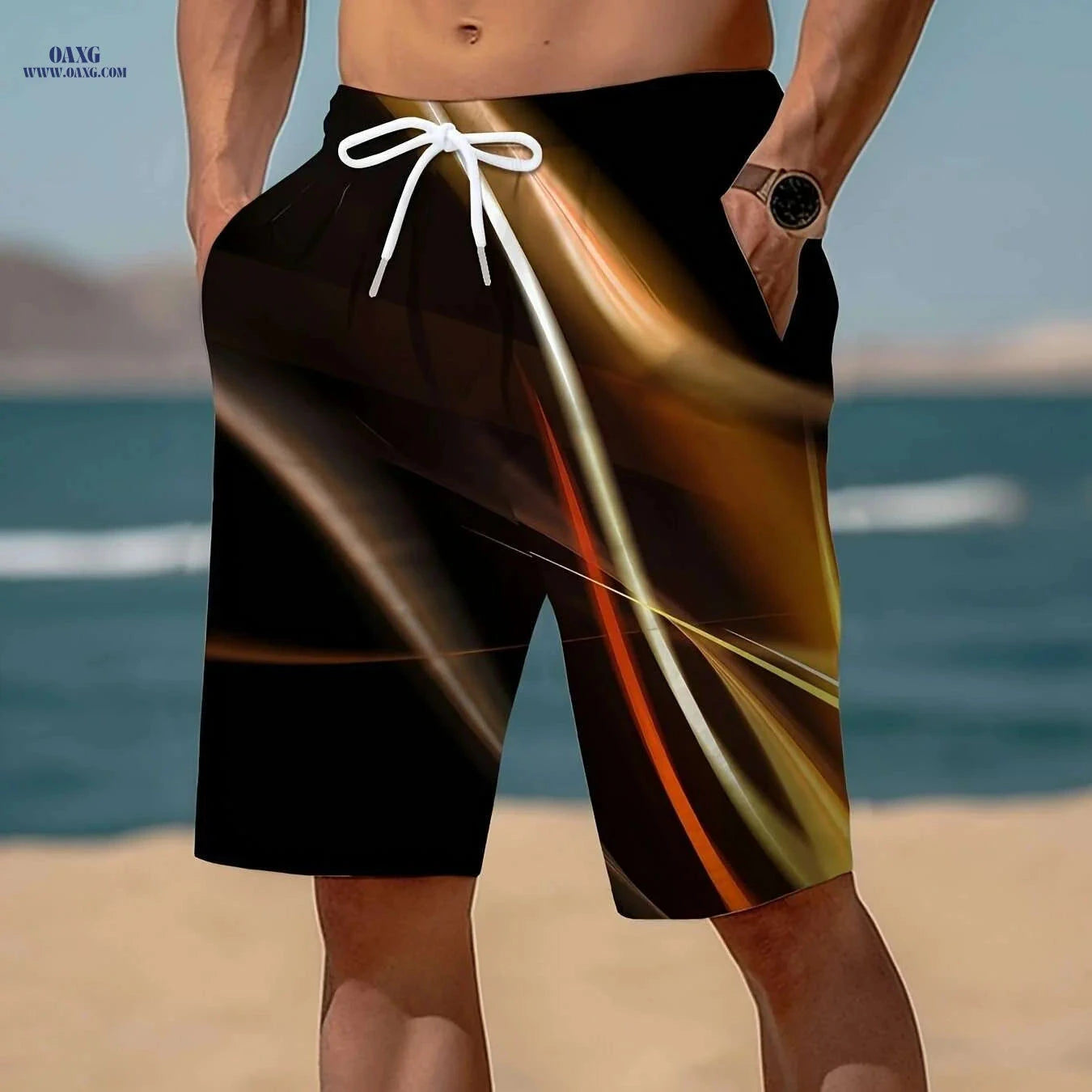 Trendy Men's Geometric Print Active Shorts - Drawstring Beach Style   OAXG Green / S