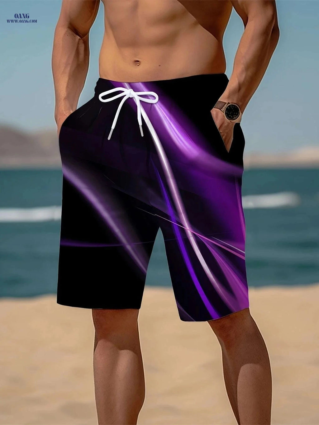 Trendy Men's Geometric Print Active Shorts - Drawstring Beach Style   OAXG Green / S