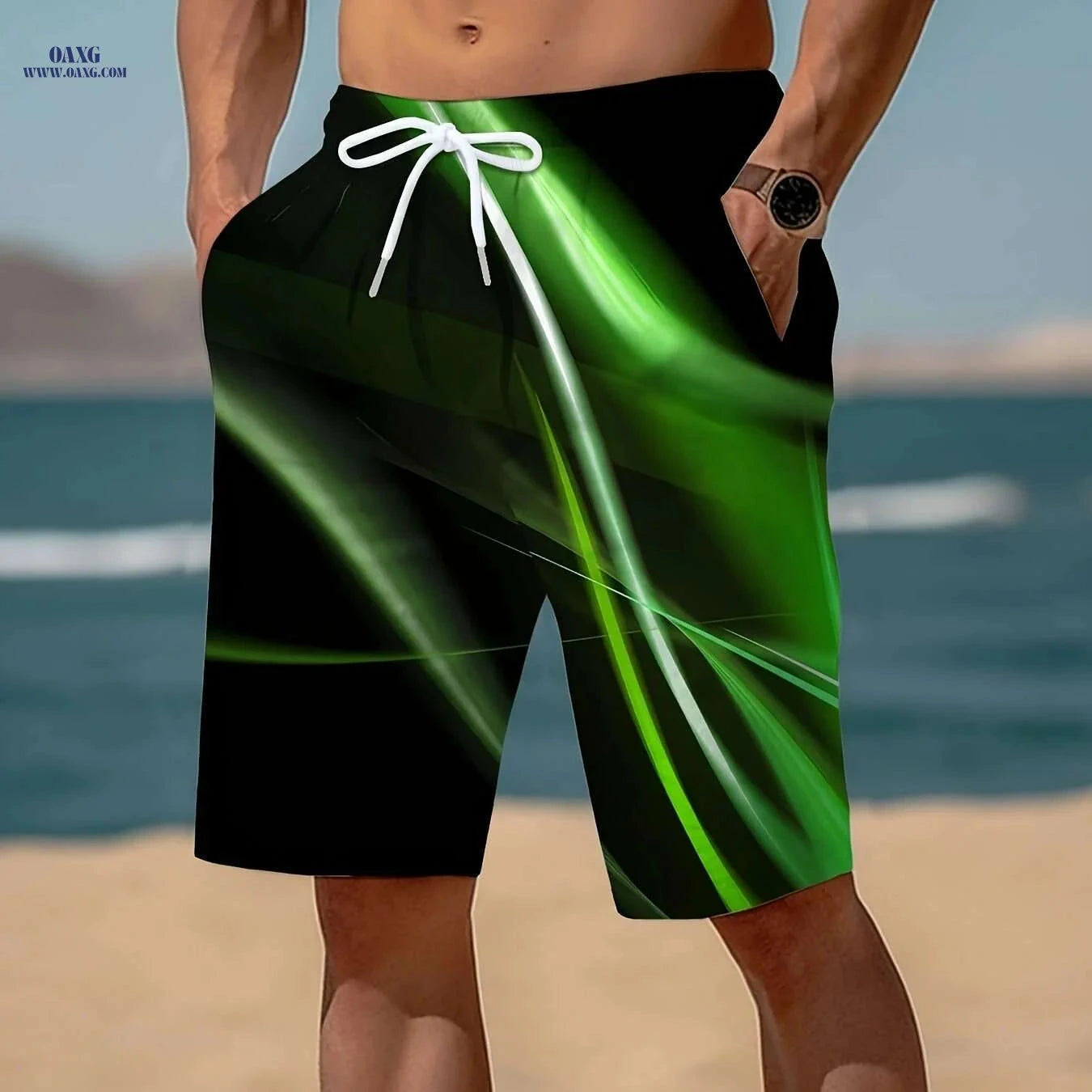 Trendy Men's Geometric Print Active Shorts - Drawstring Beach Style   OAXG Green / S