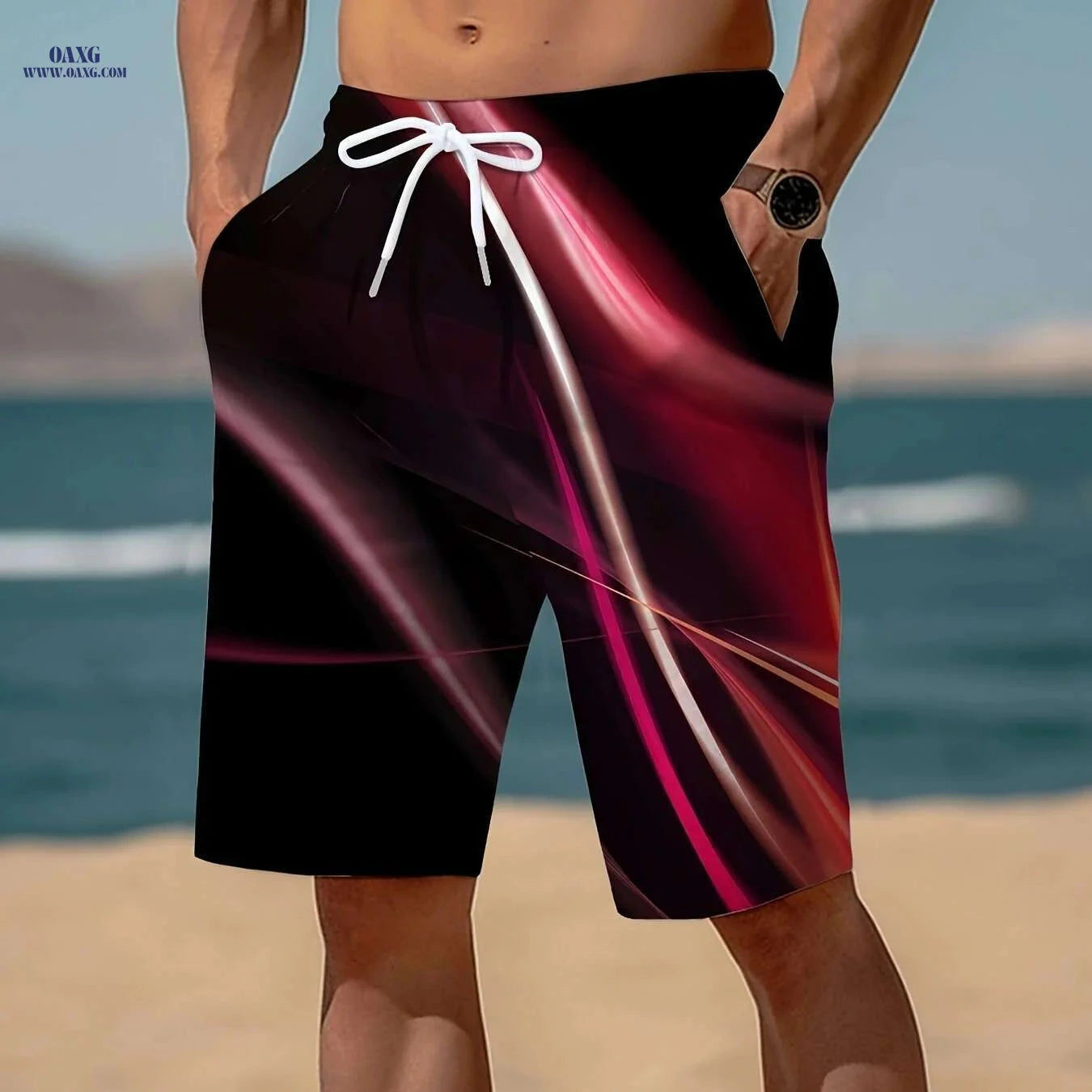 Trendy Men's Geometric Print Active Shorts - Drawstring Beach Style   OAXG Green / S