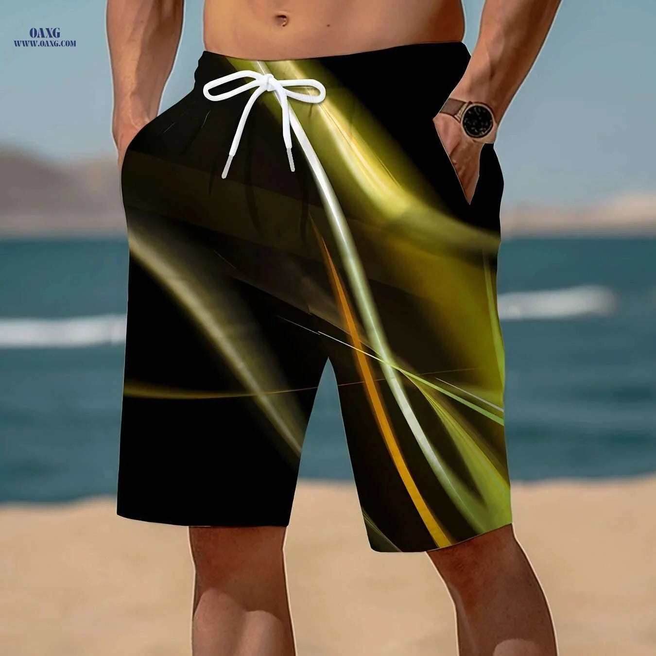Trendy Men's Geometric Print Active Shorts - Drawstring Beach Style   OAXG Green / S
