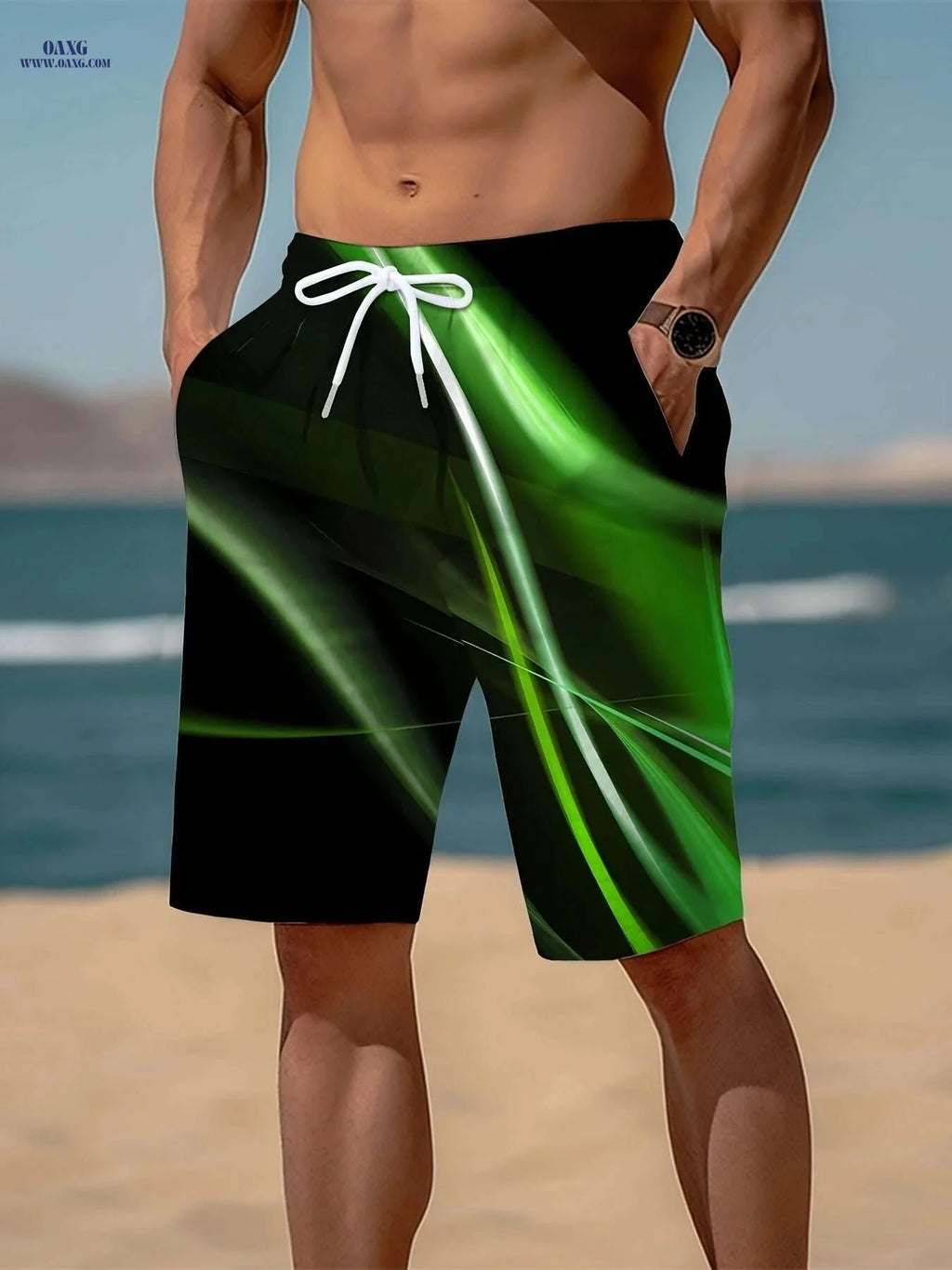 Trendy Men's Geometric Print Active Shorts - Drawstring Beach Style   OAXG 