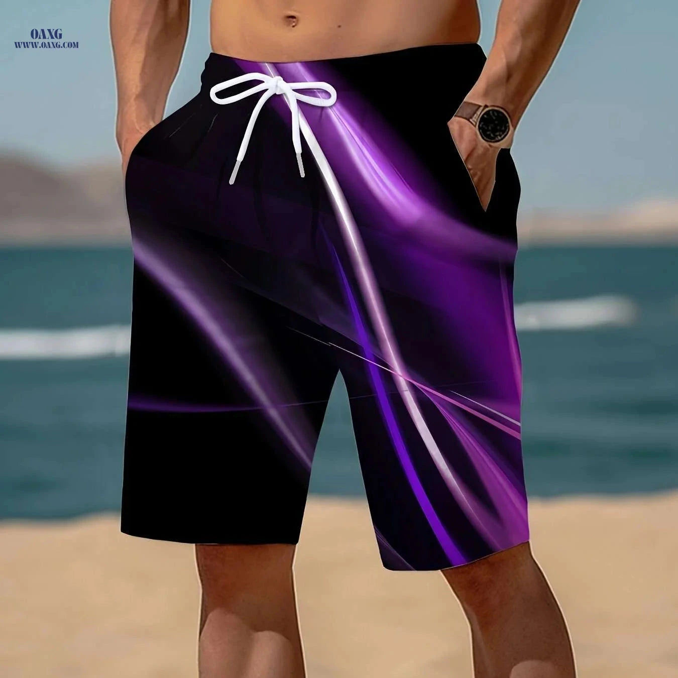 Trendy Men's Geometric Print Active Shorts - Drawstring Beach Style   OAXG 