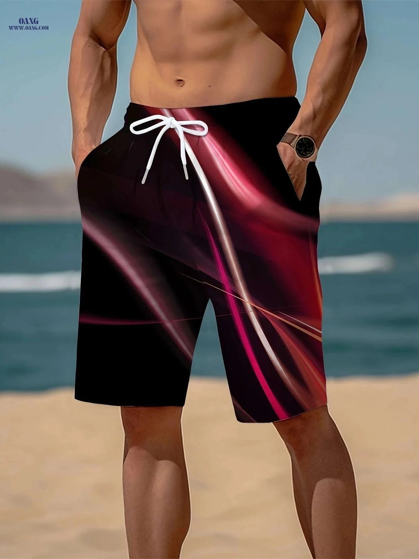 Trendy Men's Geometric Print Active Shorts - Drawstring Beach Style   OAXG 