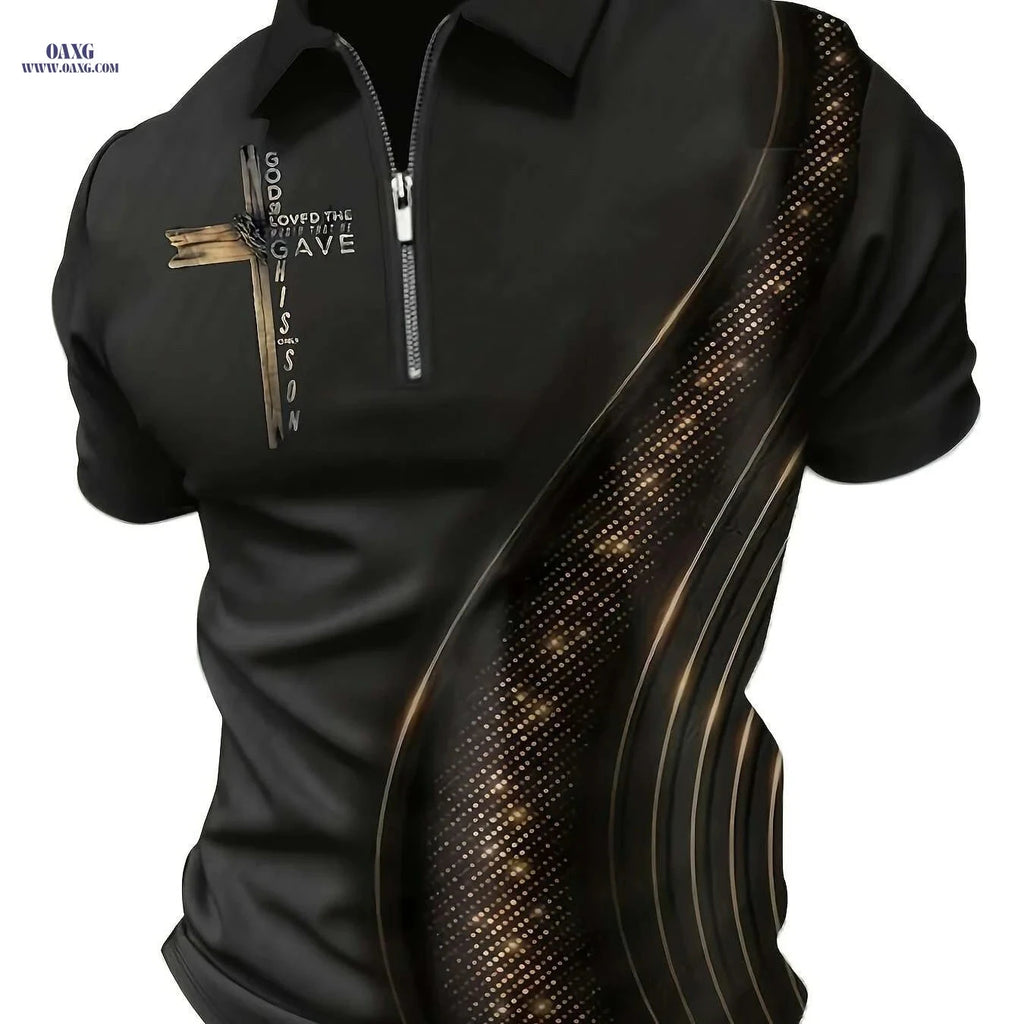 Trendy Men's Geometric Print Zip-Up Lapel Shirt - Summer Casual Wear   OAXG Black / M