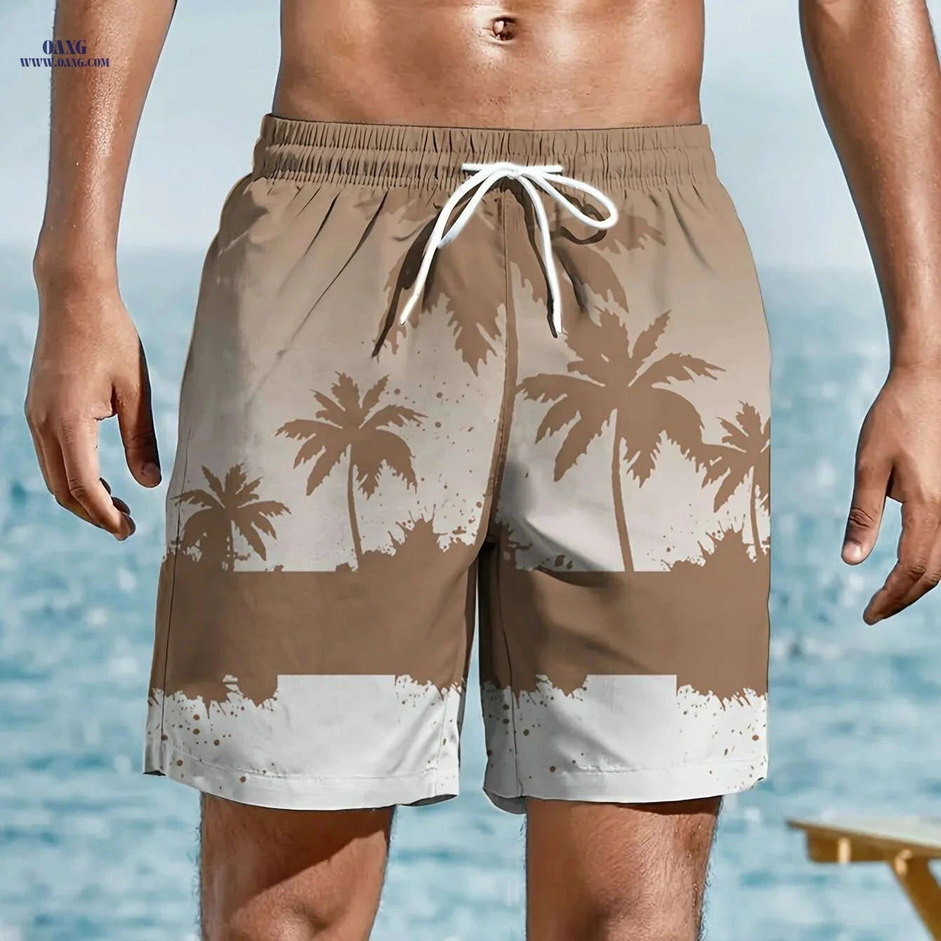 Trendy Men's Hawaiian Shorts - Drawstring, Palm Tree Print for Summer   OAXG 