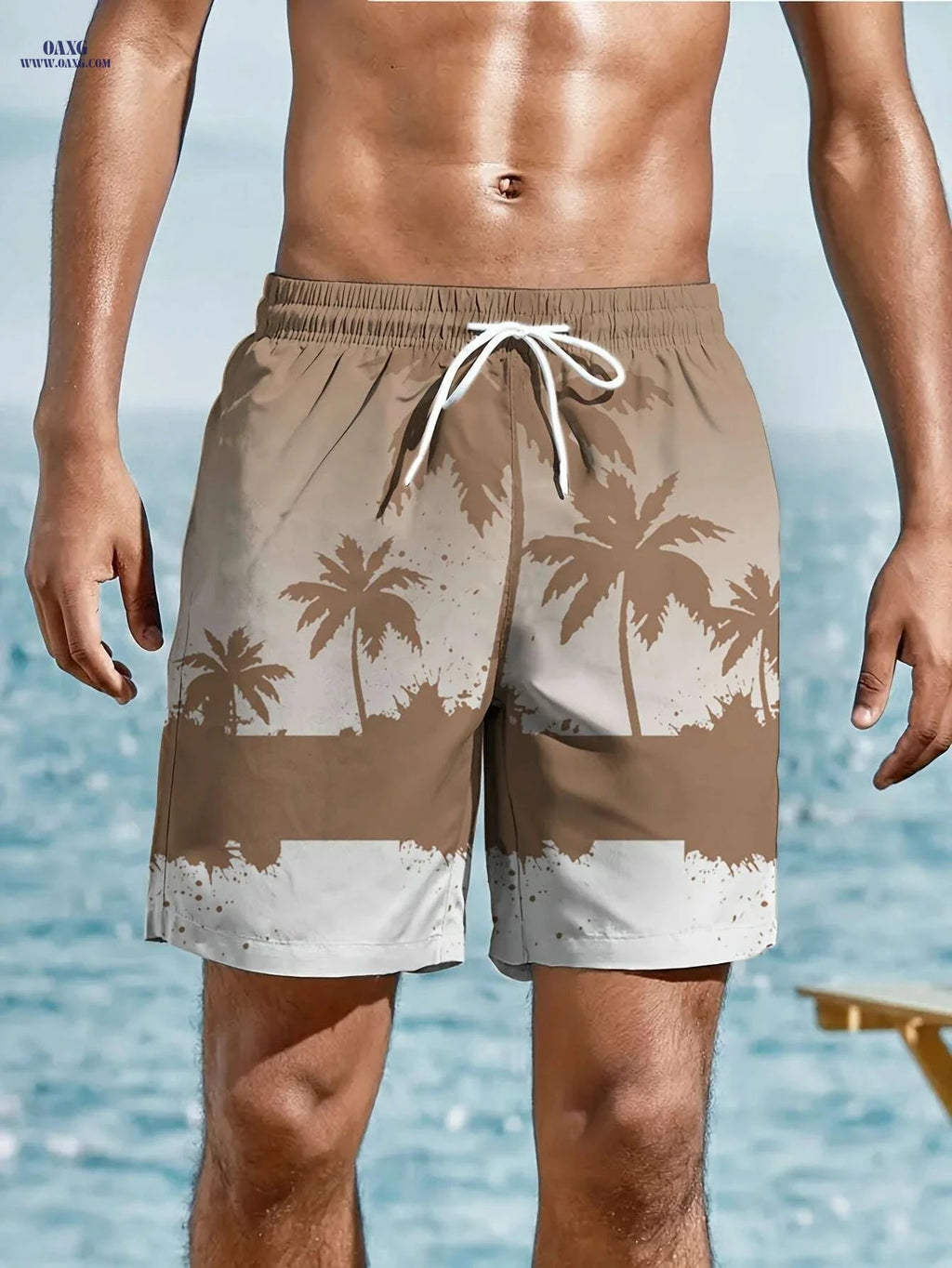 Trendy Men's Hawaiian Shorts - Drawstring, Palm Tree Print for Summer   OAXG 