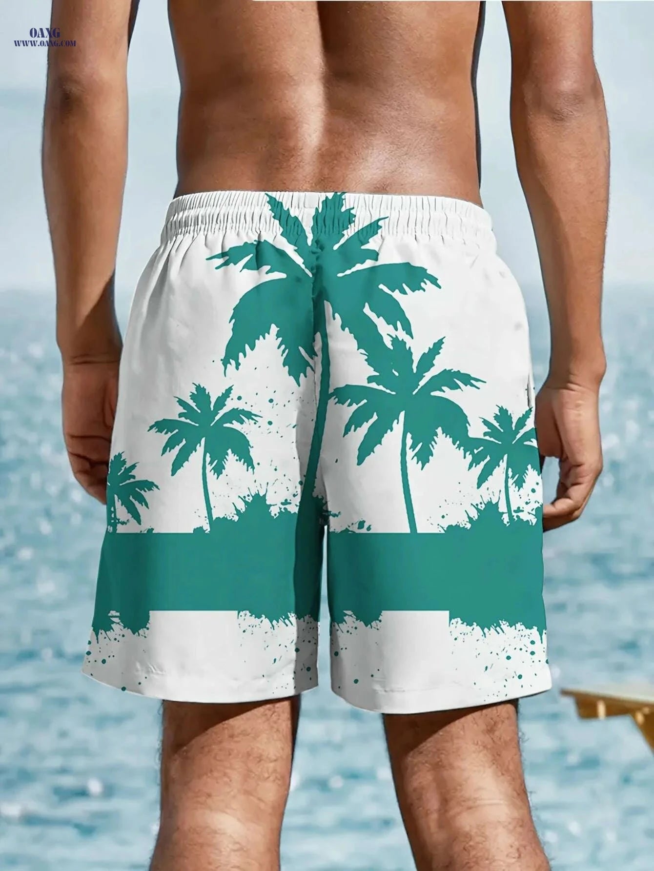Trendy Men's Hawaiian Shorts - Drawstring, Palm Tree Print for Summer   OAXG White / M