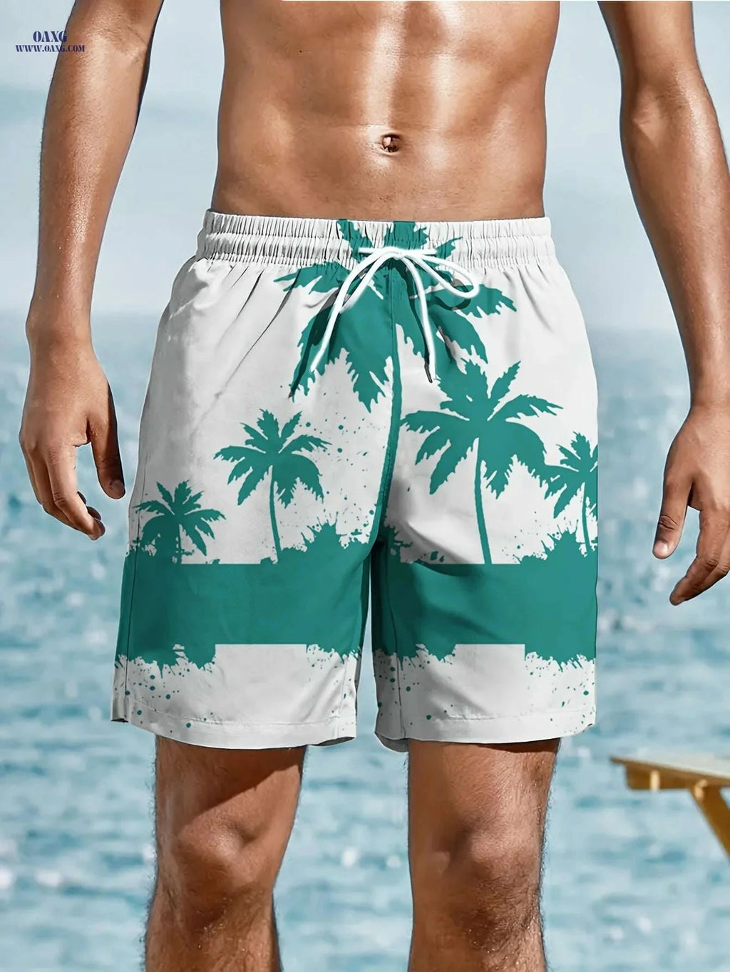 Trendy Men's Hawaiian Shorts - Drawstring, Palm Tree Print for Summer   OAXG White / M