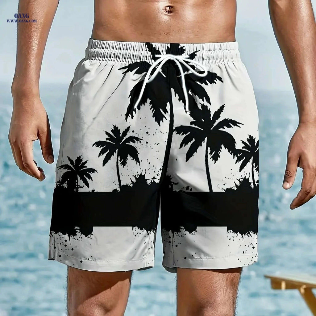 Trendy Men's Hawaiian Shorts - Drawstring, Palm Tree Print for Summer   OAXG White / M