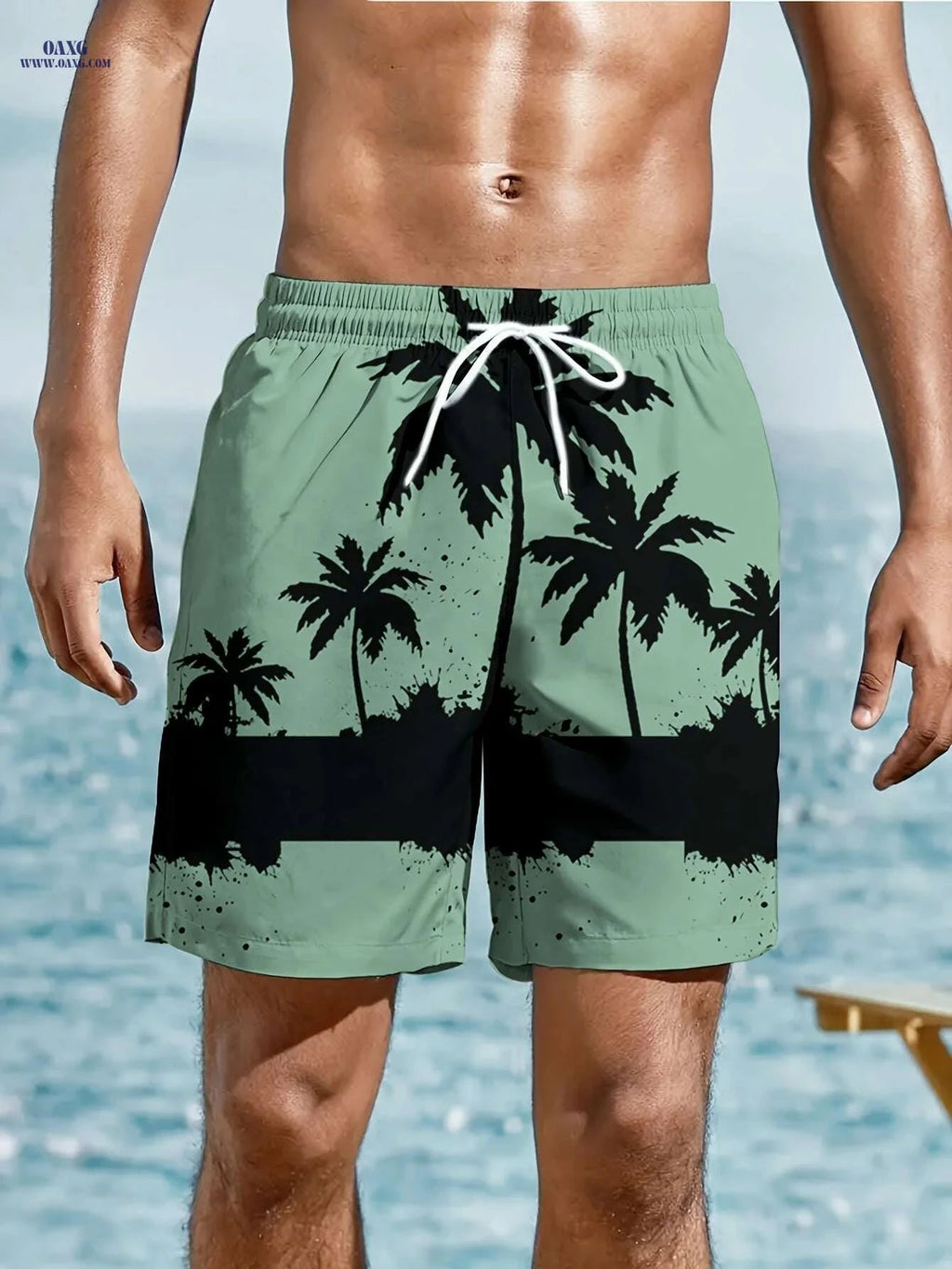 Trendy Men's Hawaiian Shorts - Drawstring, Palm Tree Print for Summer   OAXG White / M