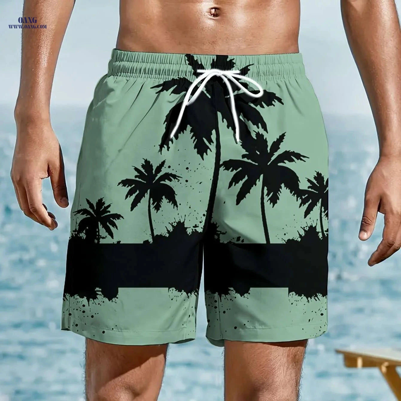 Trendy Men's Hawaiian Shorts - Drawstring, Palm Tree Print for Summer   OAXG White / M