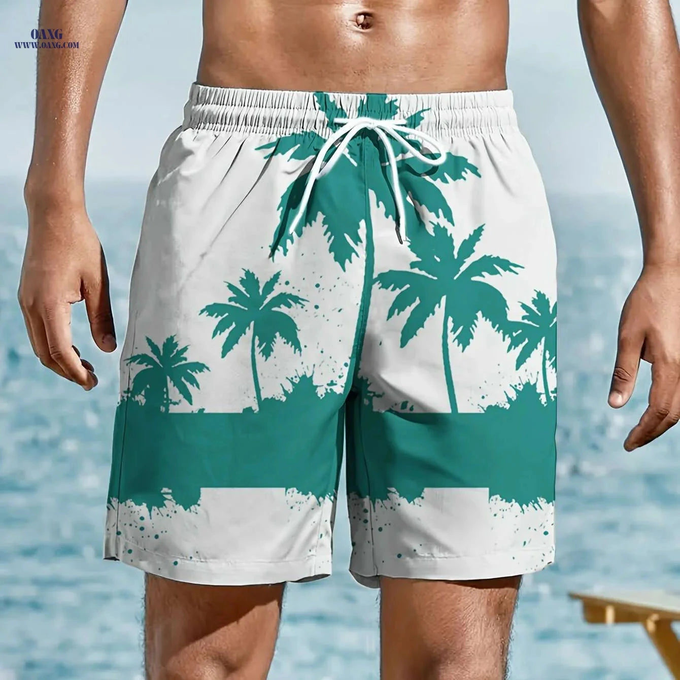 Trendy Men's Hawaiian Shorts - Drawstring, Palm Tree Print for Summer   OAXG White / M