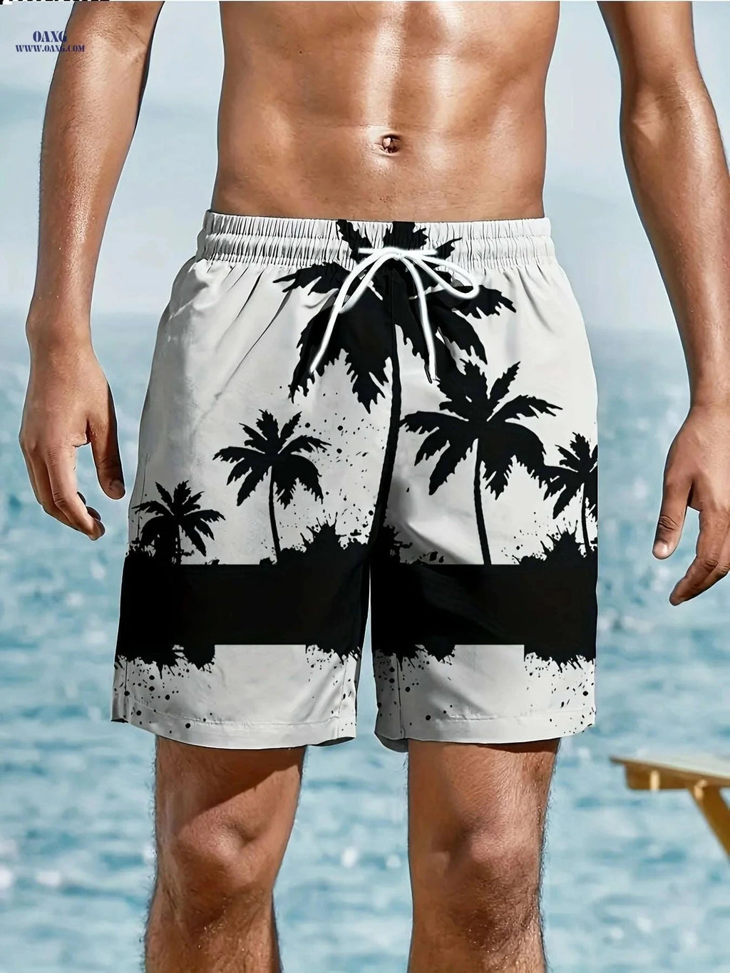 Trendy Men's Hawaiian Shorts - Drawstring, Palm Tree Print for Summer   OAXG White / M