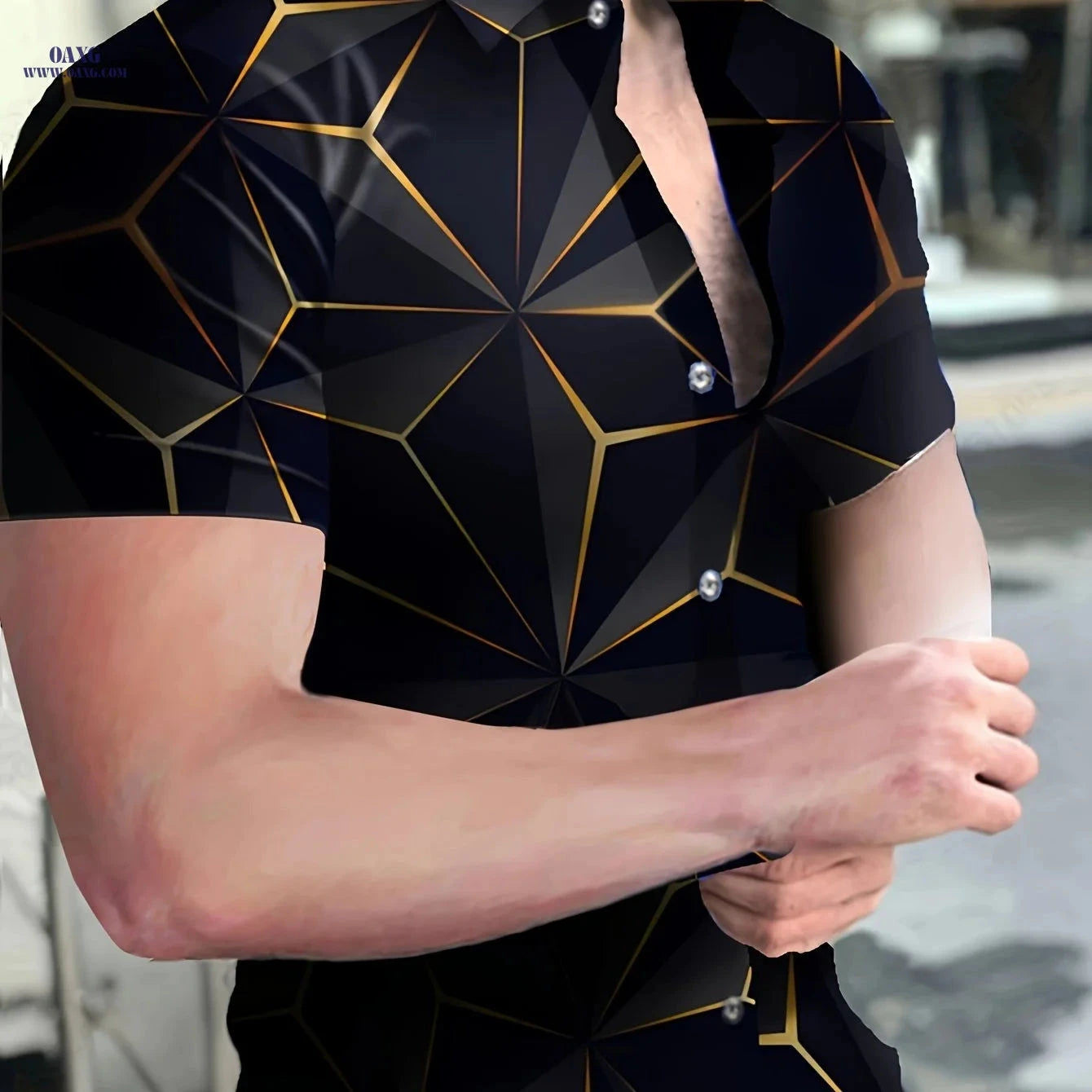 Trendy Men's Short-Sleeve Shirt - Geometric Pattern Casual Style   OAXG 