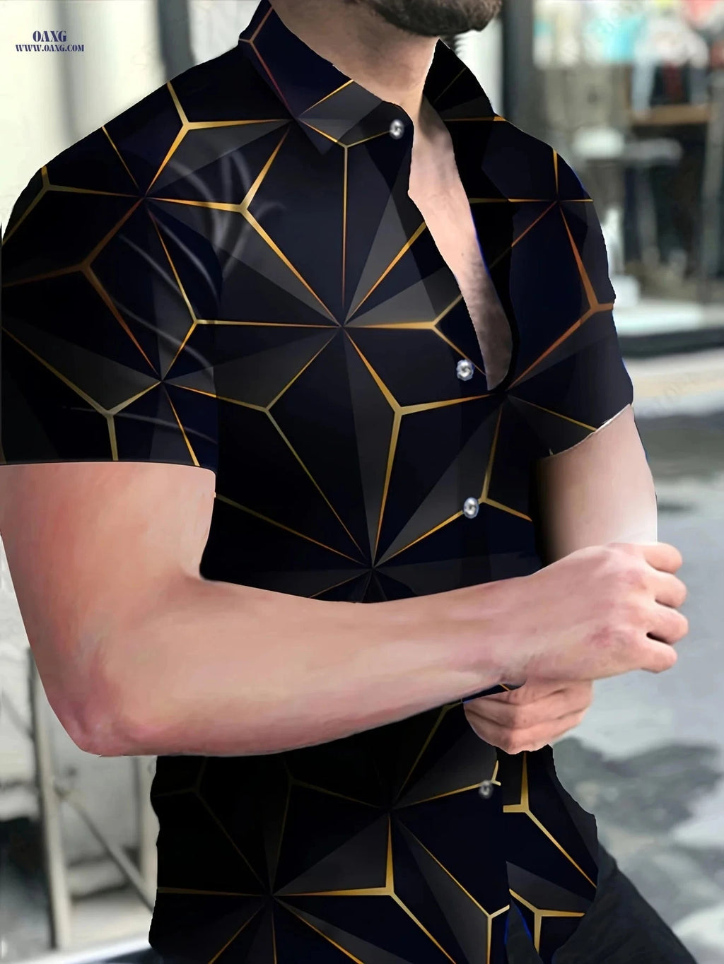 Trendy Men's Short-Sleeve Shirt - Geometric Pattern Casual Style   OAXG 