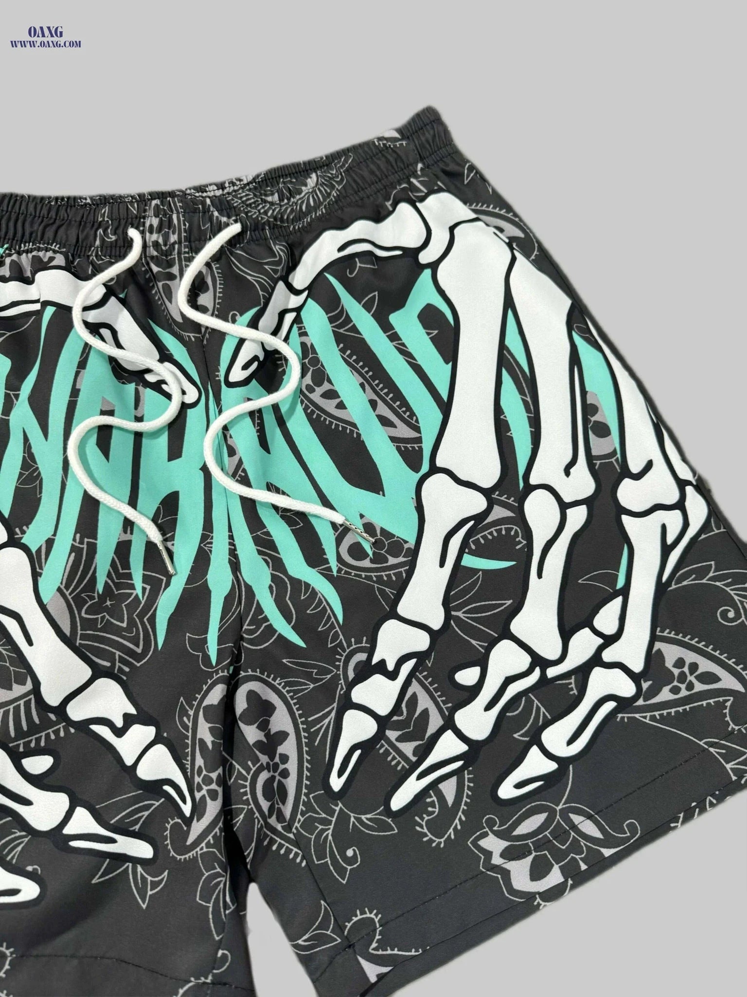 Trendy Men's Skeleton Hands Print Shorts - Casual Drawstring Beachwear   OAXG 