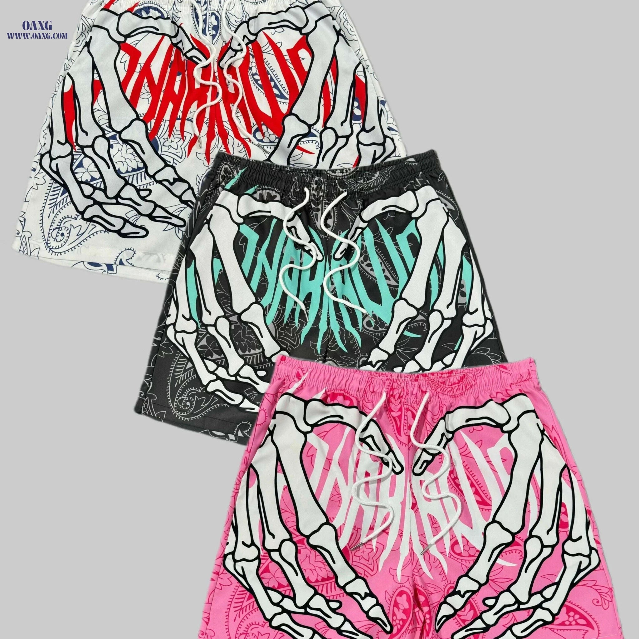 Trendy Men's Skeleton Hands Print Shorts - Casual Drawstring Beachwear   OAXG White+black+pink / XS